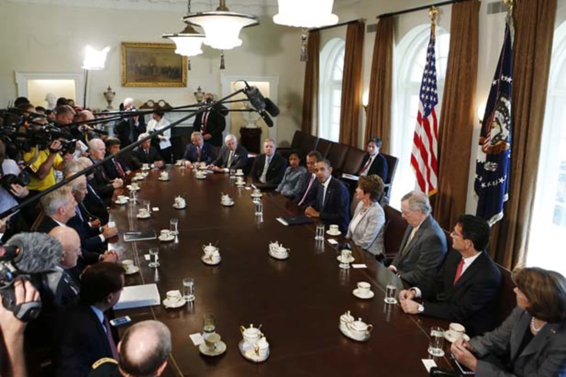 <p>President Barack Obama discusses a military response to Syria with bipartisan Congressional leaders in the Cabinet Room at the White House (Larry Downing/Courtesy Reuters).</p>
