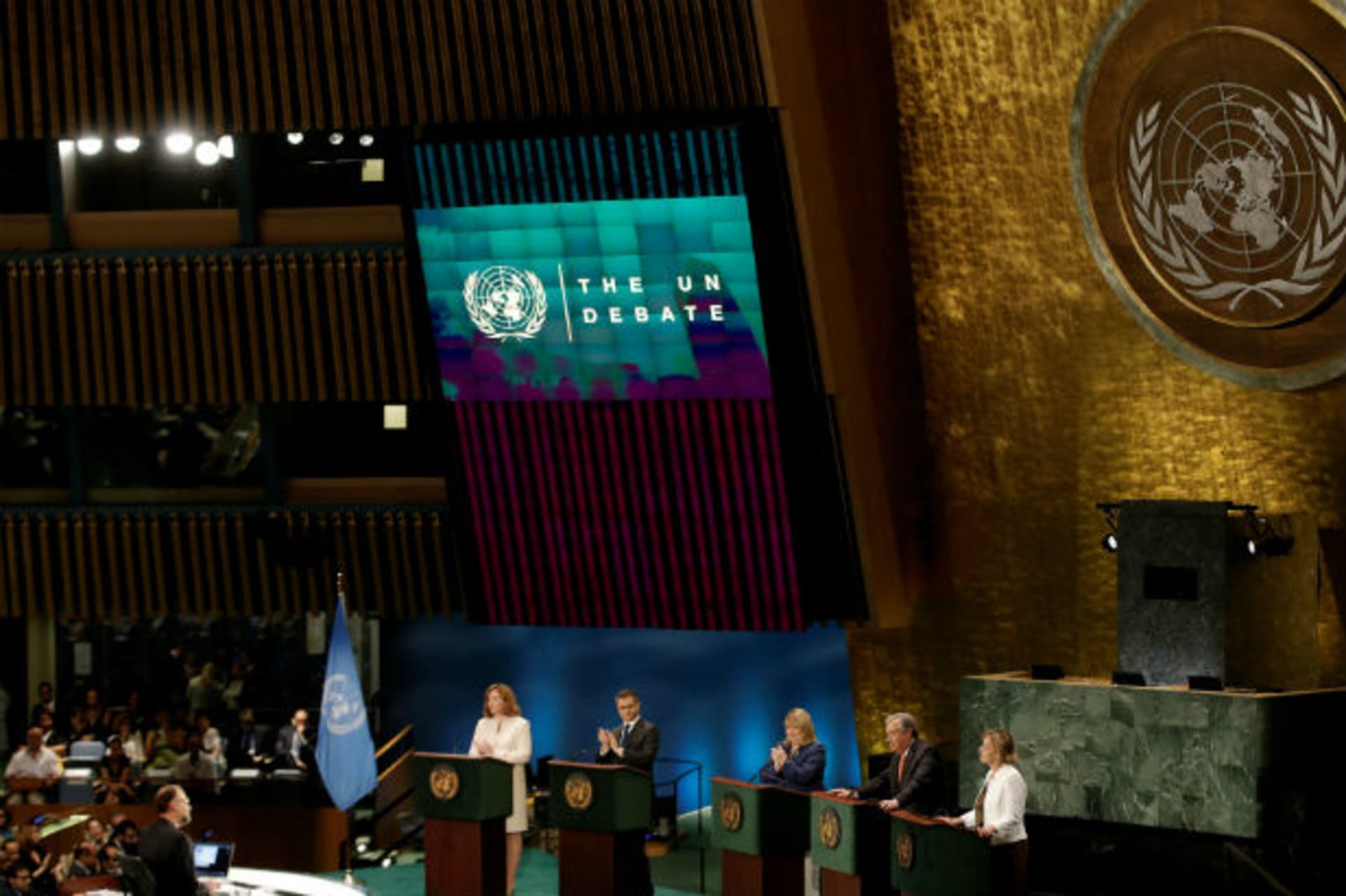 <p>Candidates vying to become the next United Nations secretary-general debate in the UN General Assembly in New York on July 12, 2016. From left to right are Natalia Gherman, Vuk Jeremic, Susana Malcorra, António Guterres, and Vesna Pusic.</p>

