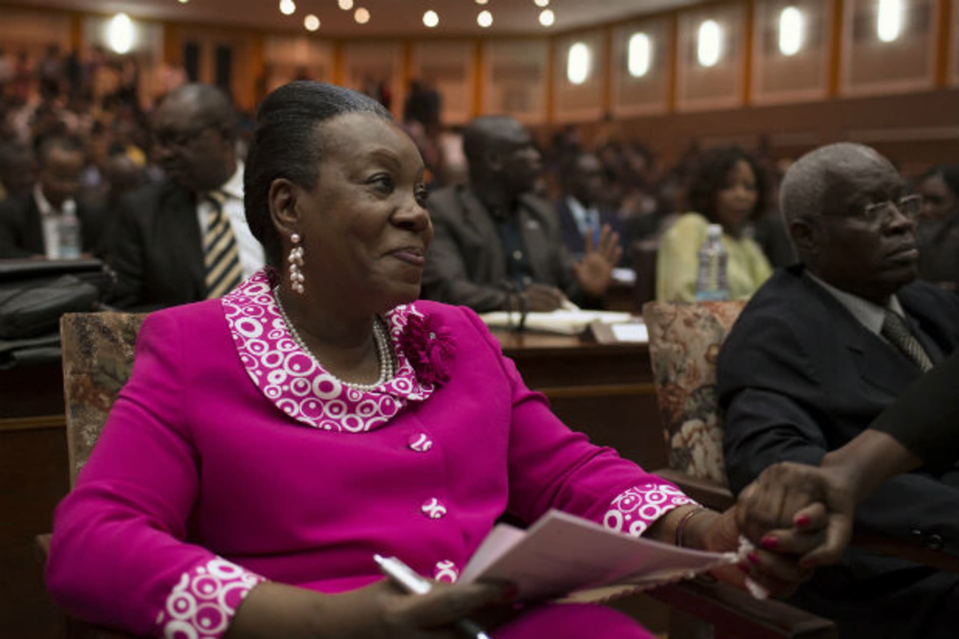 Catherine Samba-Panza shakes hands with a supporter after she was elected as Central African Republic's interim president at the national assembly in Bangui January 20, 2014.