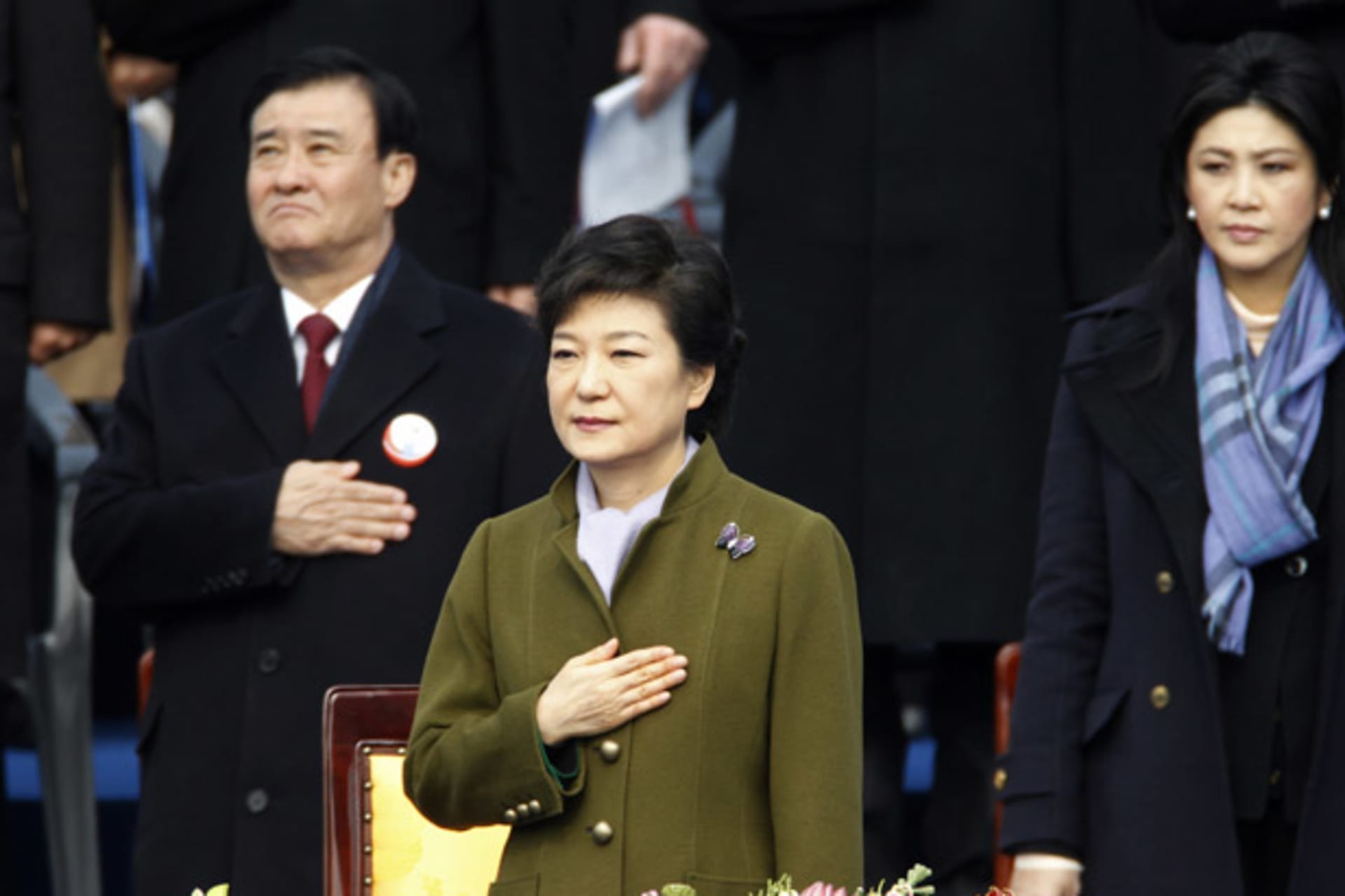 <p>South Korea’s new president Park Geun-hye salutes the national flag during her inauguration (Lee Jae-Won/Courtesy Reuters).</p>
