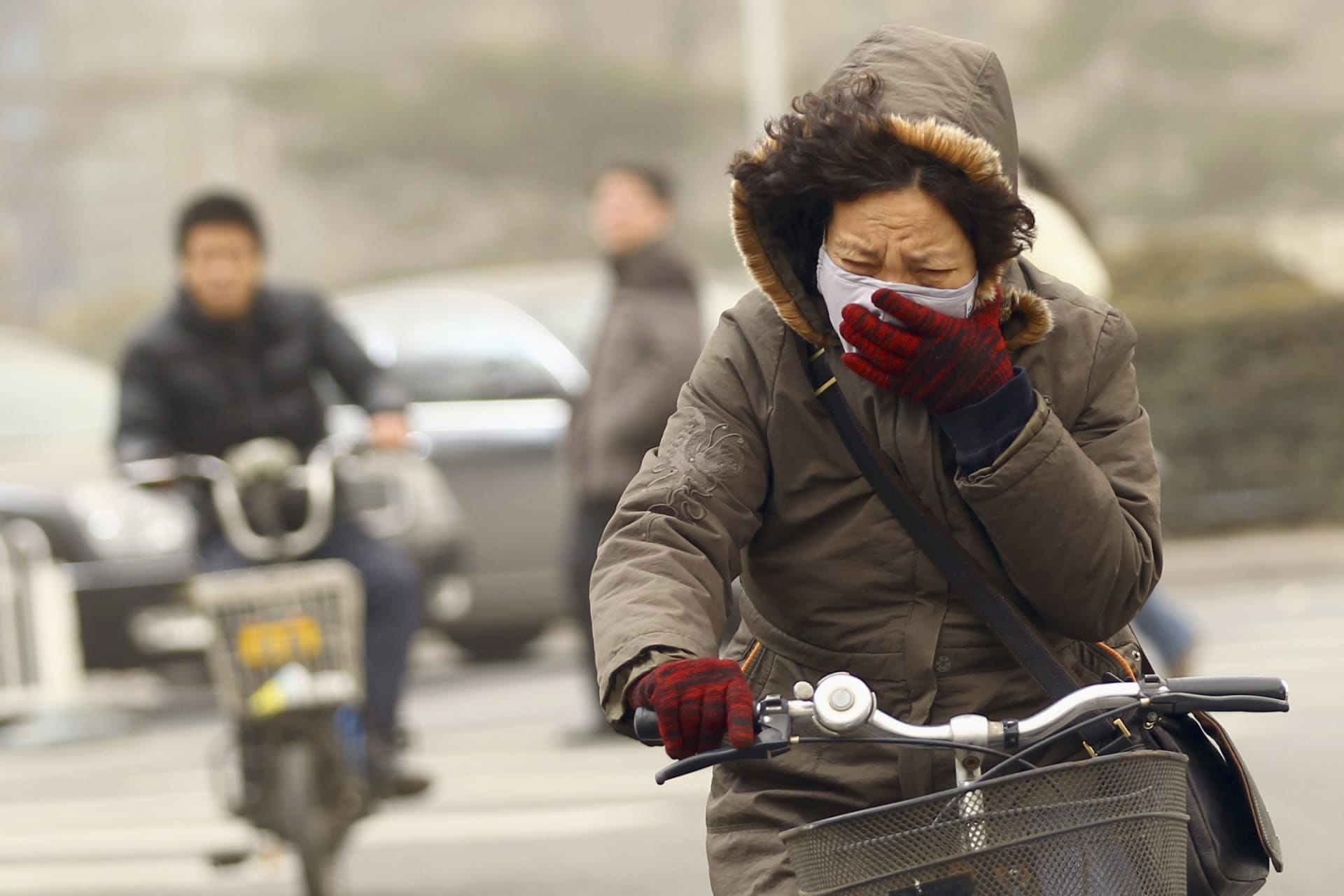 <p>Chinese woman struggles with air pollution</p>

