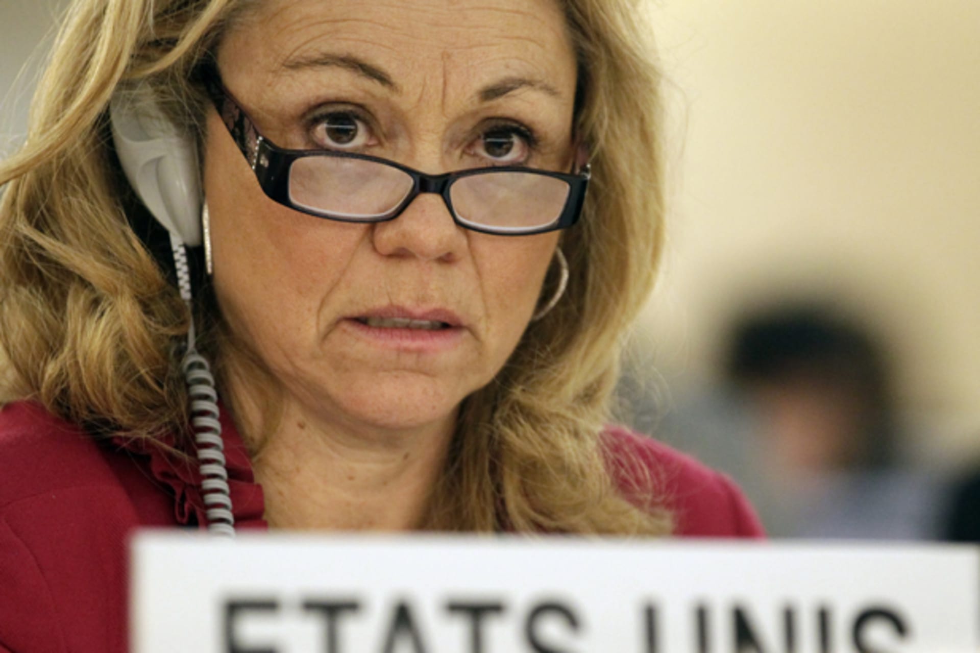 US Ambassador Donahoe listens to a speech during the Human Rights Council special session on the situation in Syria in Geneva