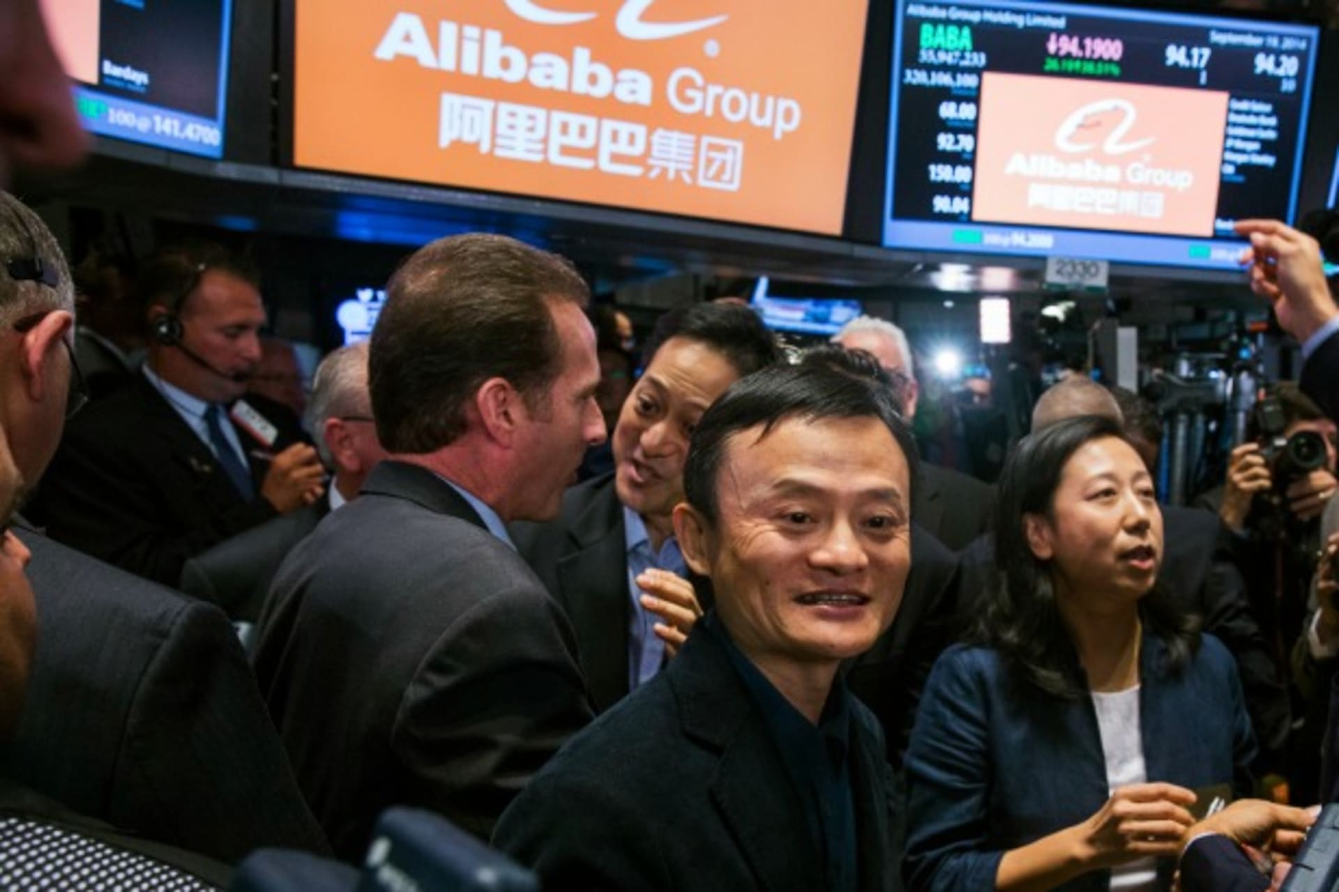 <p>Alibaba Group Holding Ltd. founder Jack Ma greets traders at the New York Stock Exchange as he celebrates the company’s initial public offering (IPO) under the ticker “BABA”, in New York on September 19, 2014. (Lucas Jackson/Courtesy Reuters)</p>
