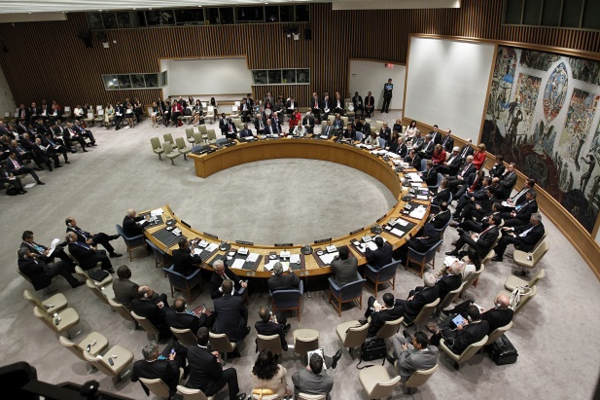 Delegates sit for Security Council meeting to discuss Peace and Security in Middle East during 67th United Nations General Assembly in New York