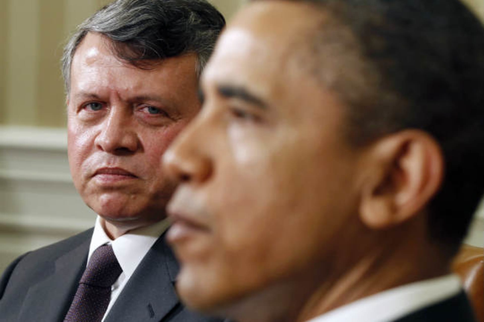King Abdullah listens to U.S. president Barack Obama after a private meeting in the Oval Office of the White House in Washington, May 17, 2011 (Downing/Courtesy Reuters)..