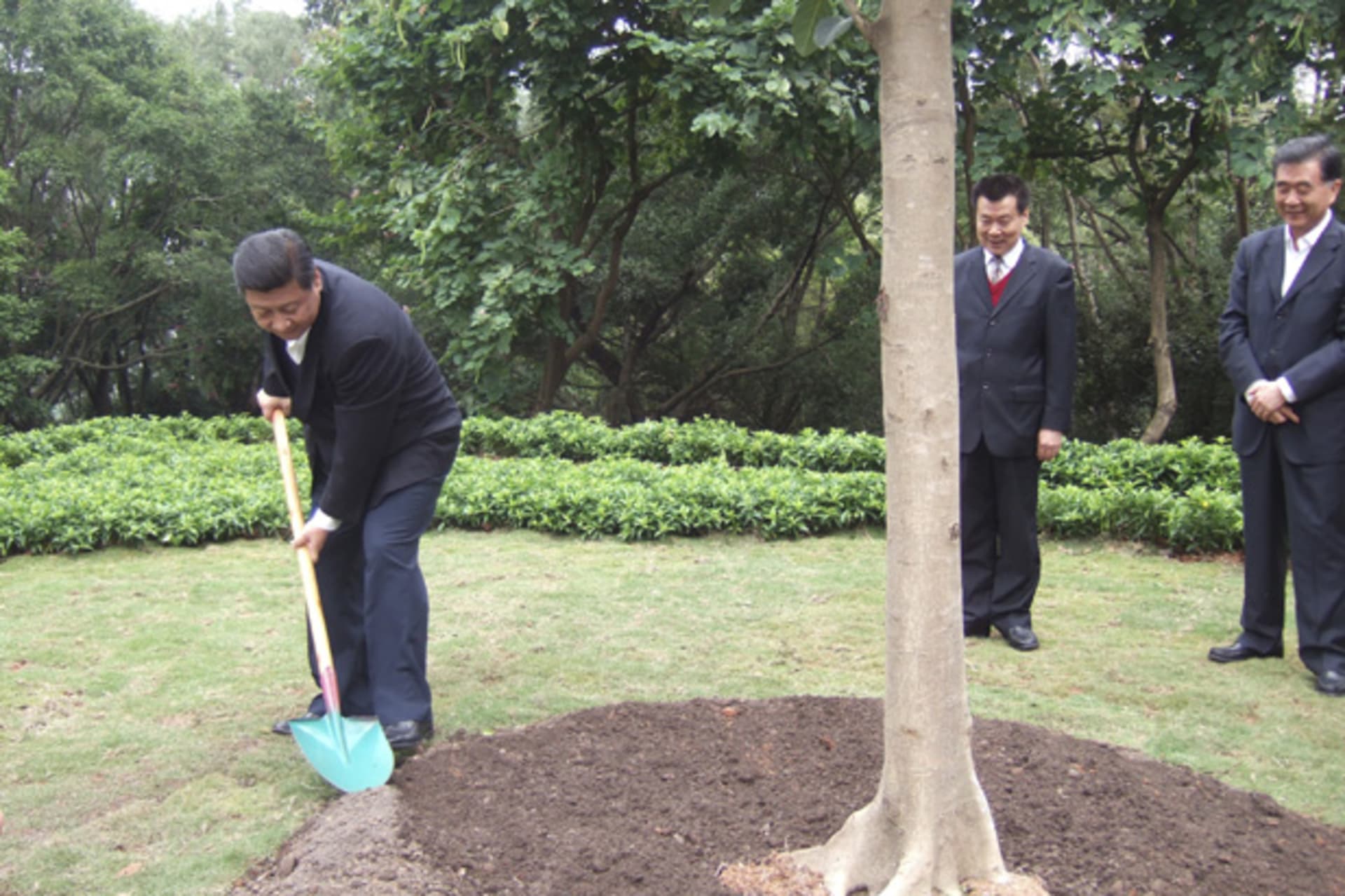<p>In this handout photo released by TaKungPao.com on December 10, 2012, China’s Vice President Xi Jinping (L) plants a tree on Lianhua hill in Shenzhen, Guangdong province, December 8, 2012 (TaKungPao.com/Courtesy Reuters).</p>
