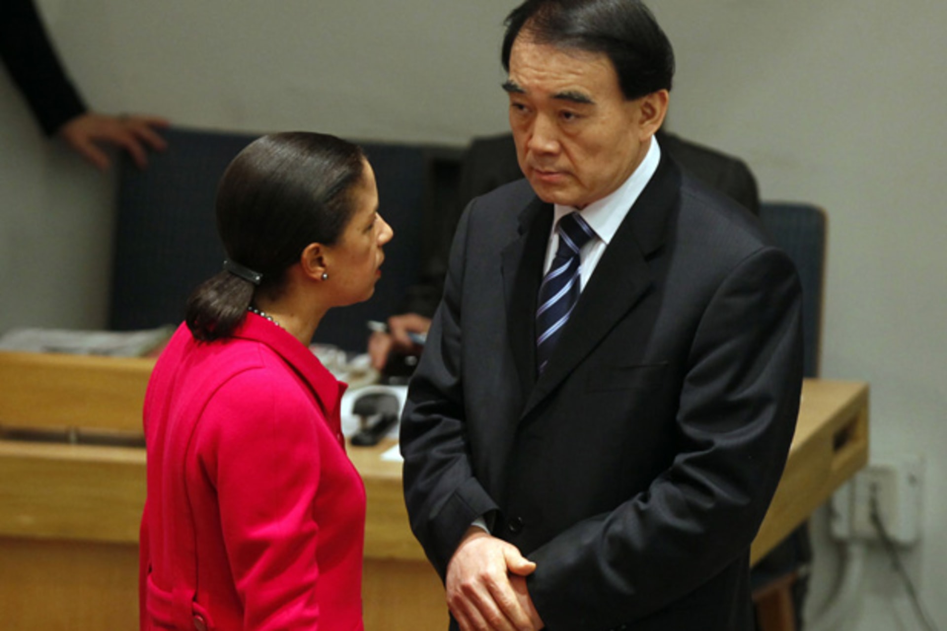 United States Ambassador to the United Nations Susan Rice speaks to China Ambassador Li Baodong during a U.N. Security Council