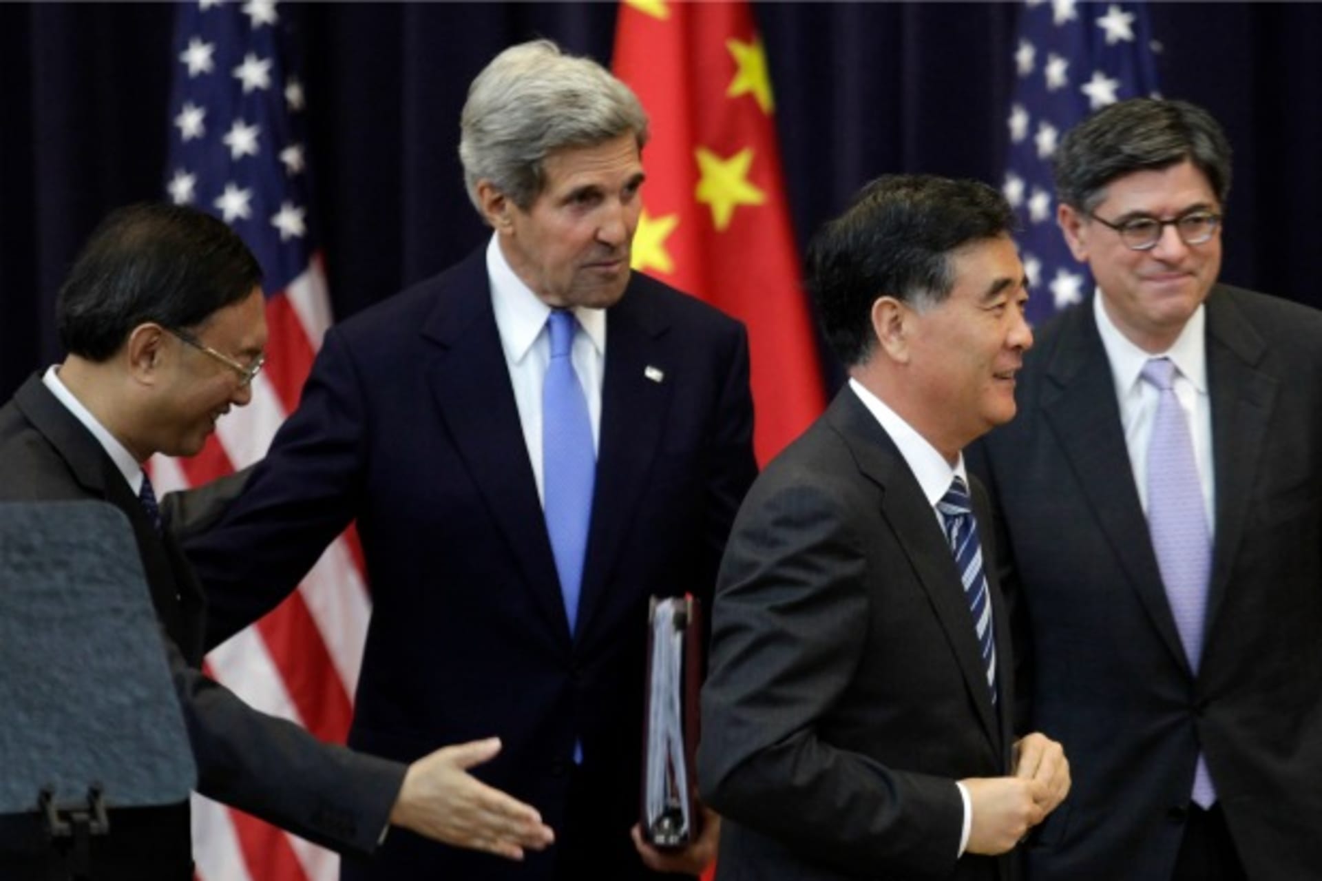 <p>(L-R) Chinese State Councilor Yang Jiechi, U.S. Secretary of State John Kerry, Chinese Vice Premier Wang Yang and U.S. Treasur…e U.S.-China Strategic and Economic Dialogue (S&ED) Joint Opening Session at the State Department in Washington July 10, 2013.</p>
