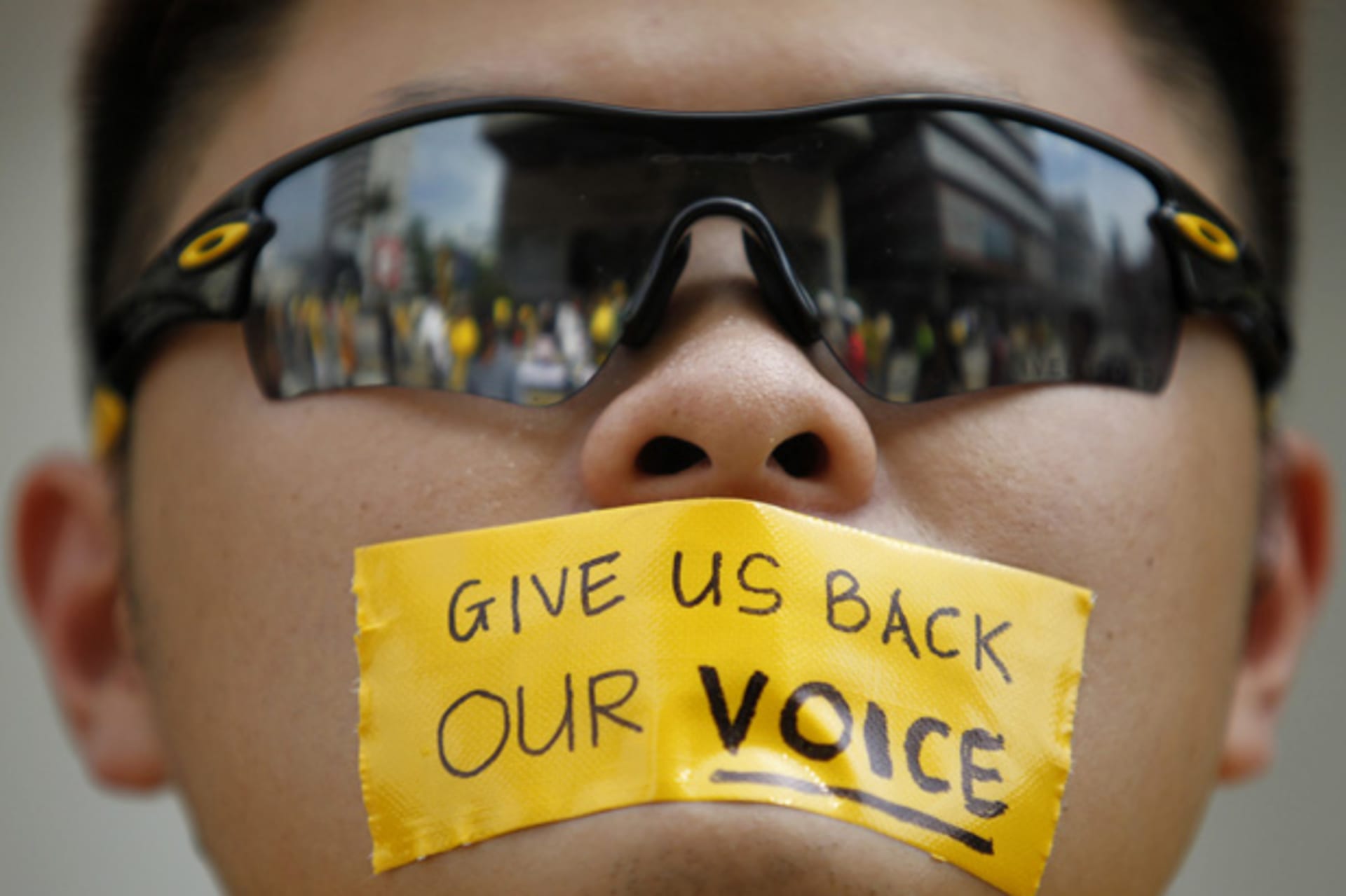 <p>A protester with a message taped over his mouth takes part in the Bersih (Clean) rally near Independence Square in Kuala Lumpur April 28, 2012.</p>
