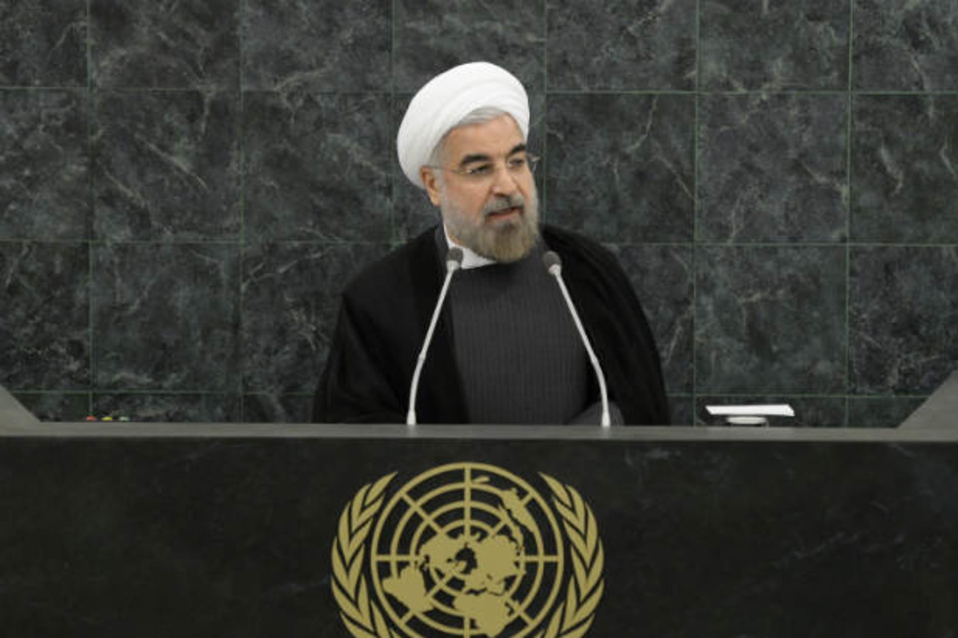 Iranian president Hassan Rouhani addresses the 68th United Nations General Assembly at UN headquarters in New York, September 26, 2013 (Segar/Courtesy Reuters).