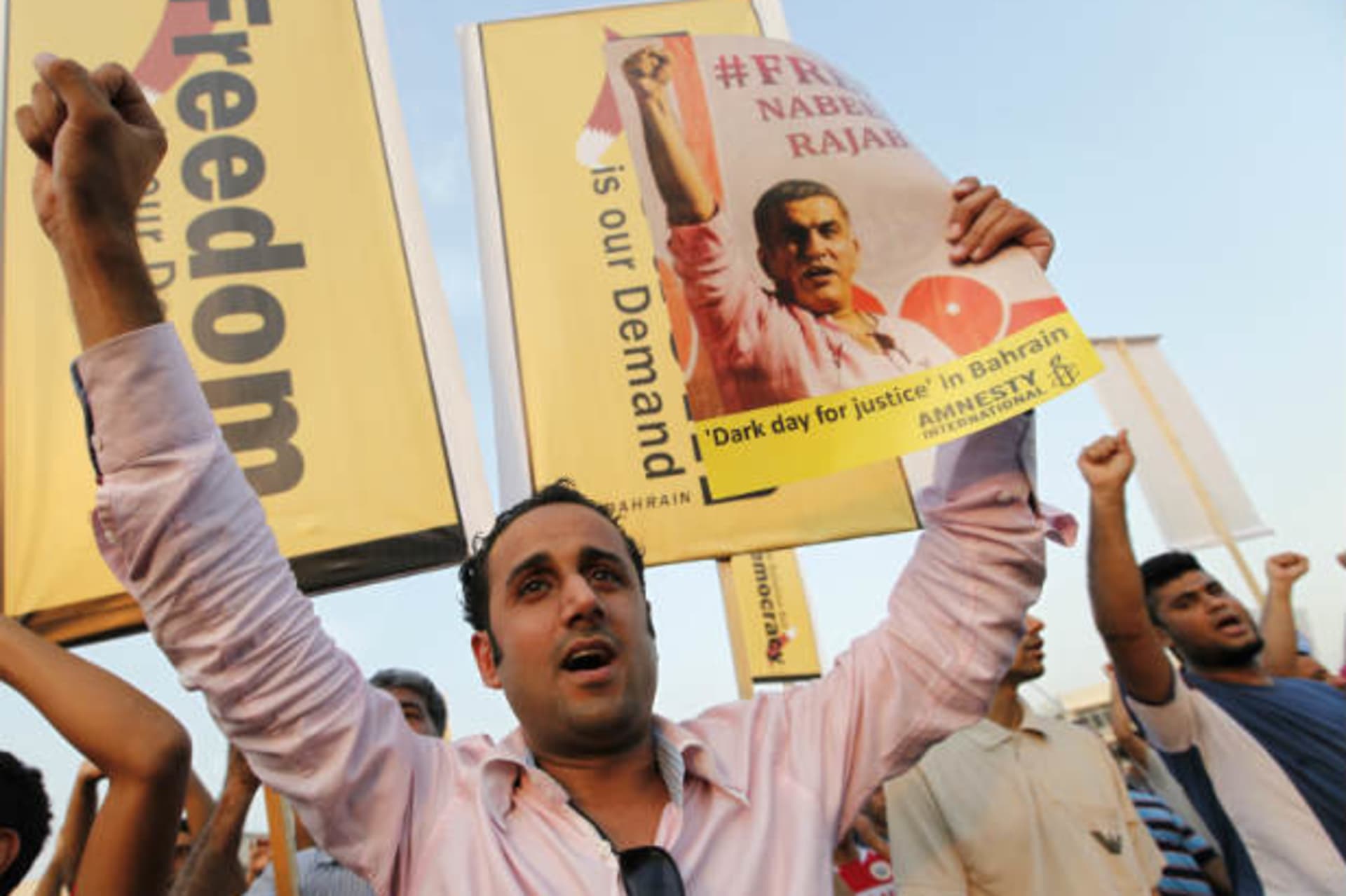 Yousif Muhafdah from the Bahrain Center for Human Rights at an anti-government rally in Bilad al-Qadeem on 19 October, 2012 (Mohammed/Courtesy Reuters).
