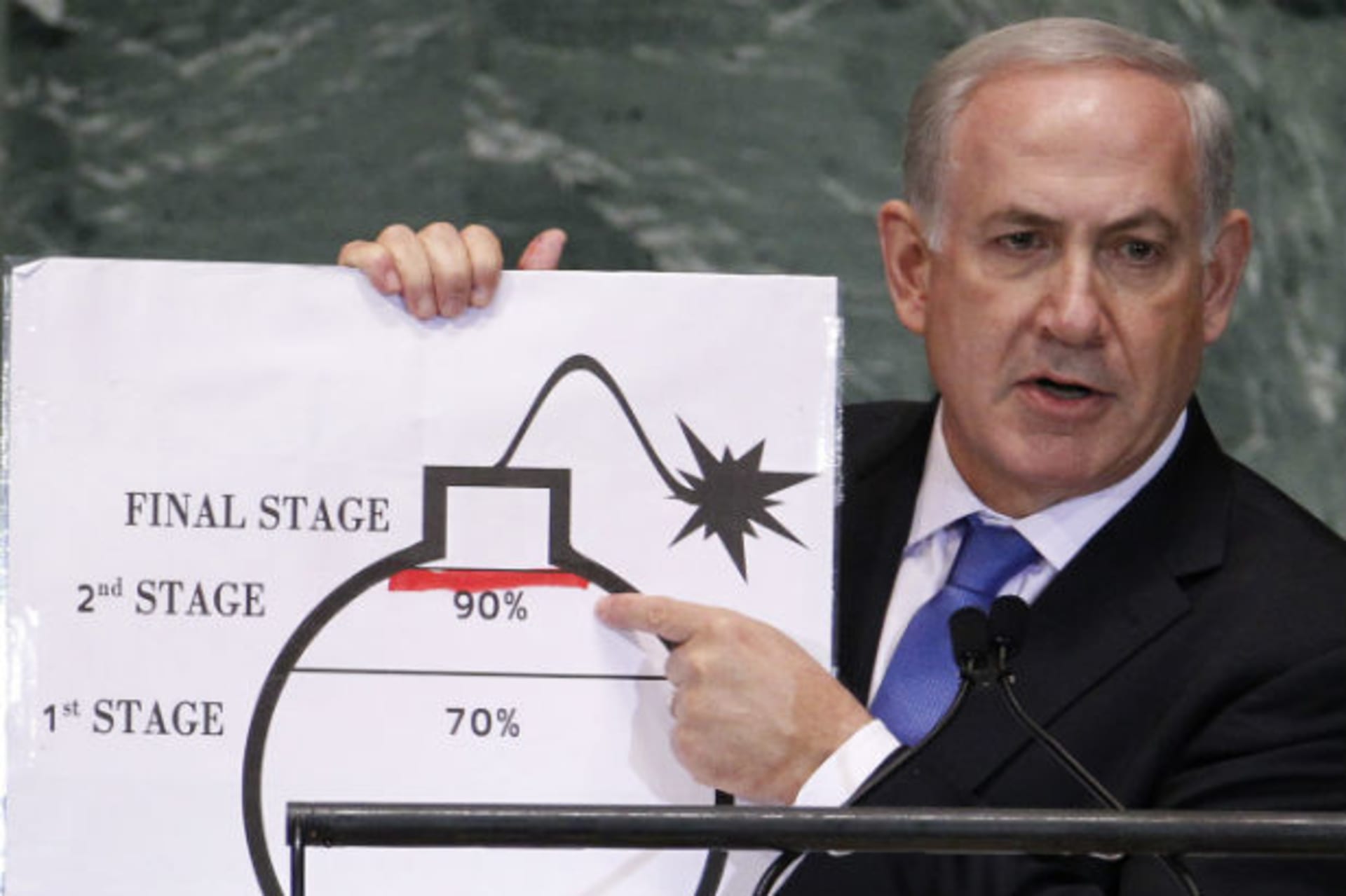Israel's Prime Minister Netanyahu draws red line on graphic of bomb as he addresses 67th United Nations General Assembly in New York on September 28, 2012 (Jackson/Courtesy Reuters).