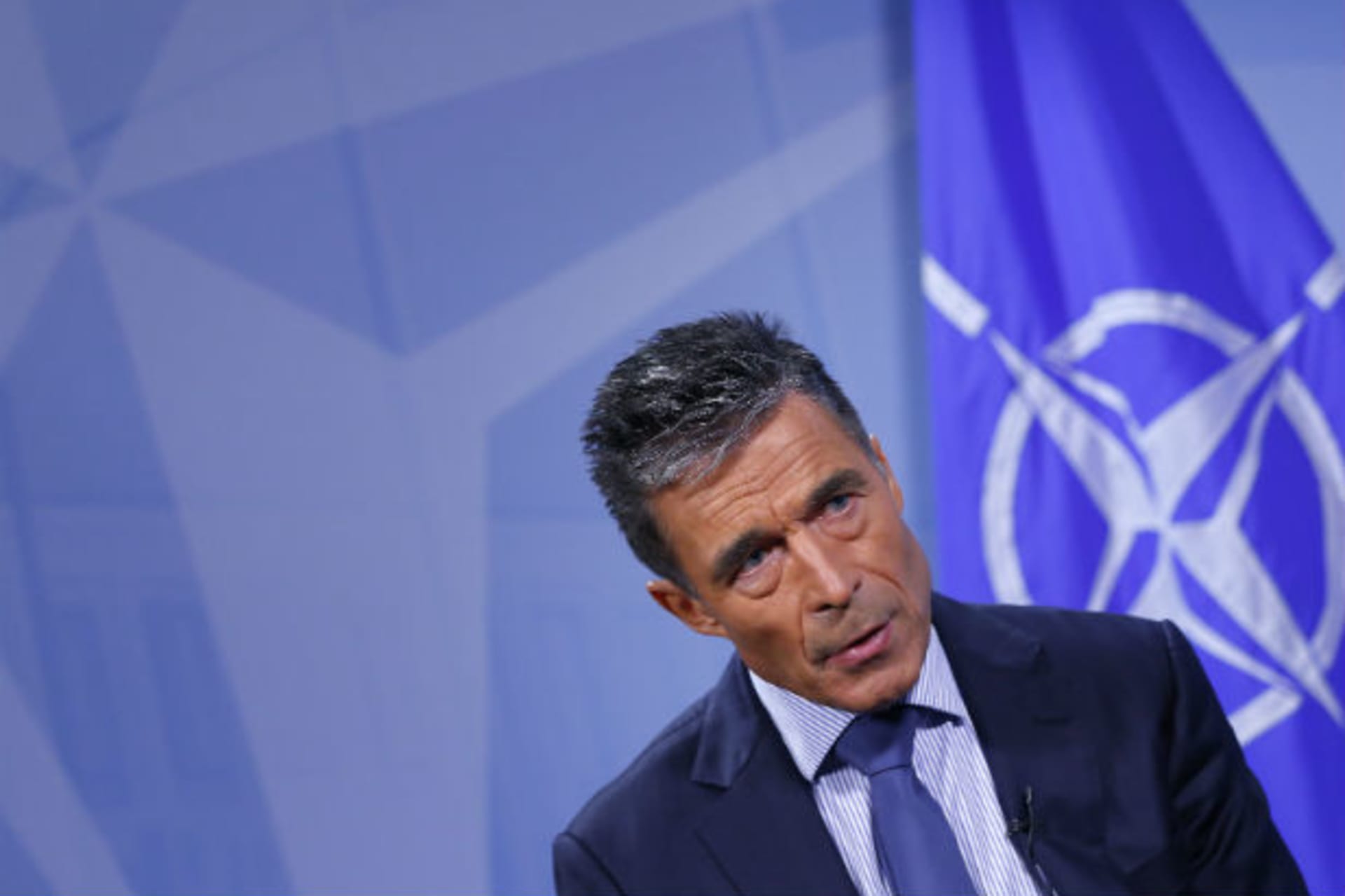 <p>NATO secretary-general Anders Fogh Rasmussen speaks during an interview at the alliance’s headquarters in Brussels on August 11, 2014.</p>
