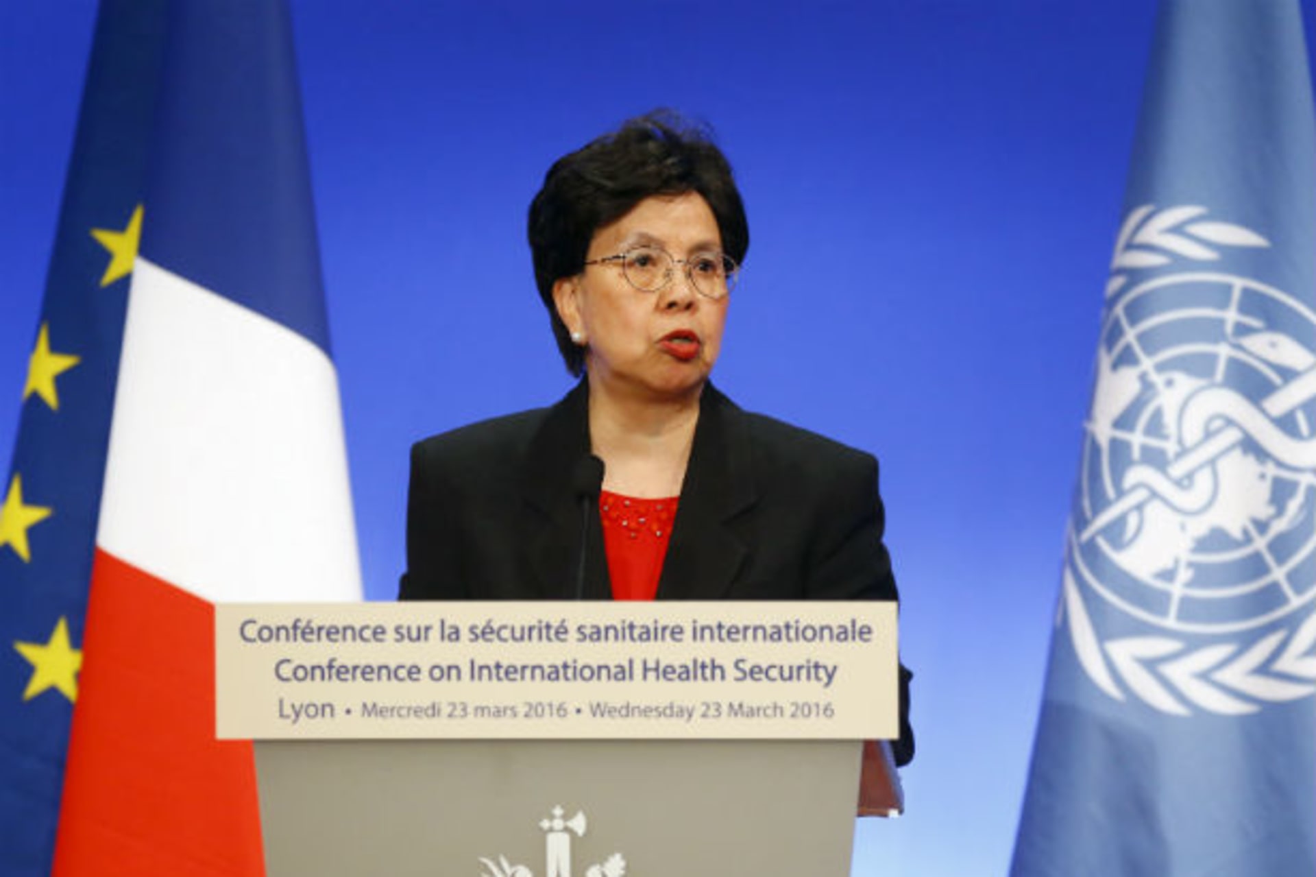 <p>World Health Organization Director-General Margaret Chan delivers a speech during a summit on health and sanitary security in Lyon, France, on March 23, 2016.</p>
