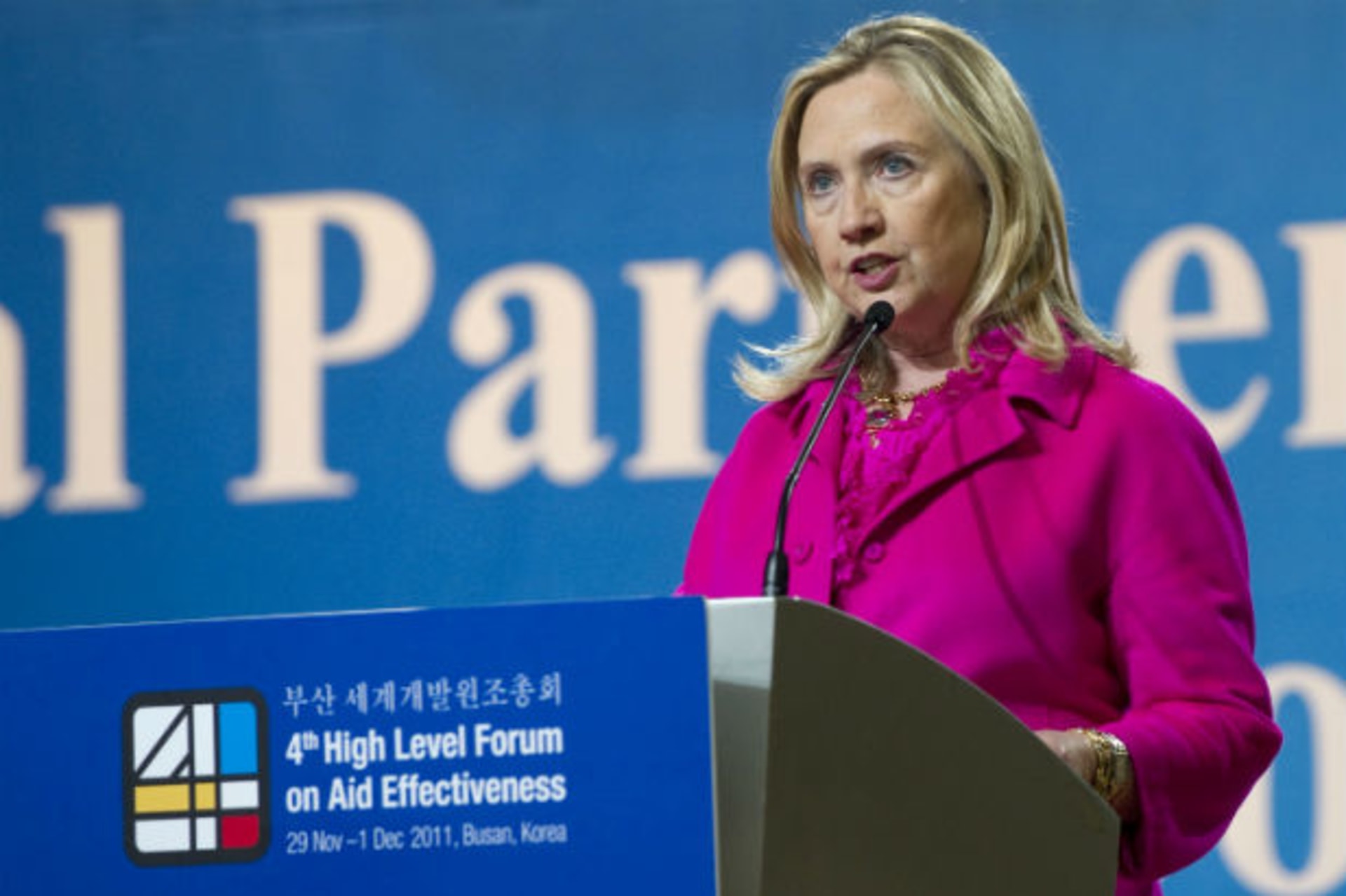 U.S. Secretary of State Hillary Clinton speaks during the Fourth High Level Forum on Aid Effectiveness in Busan November 30, 2011.