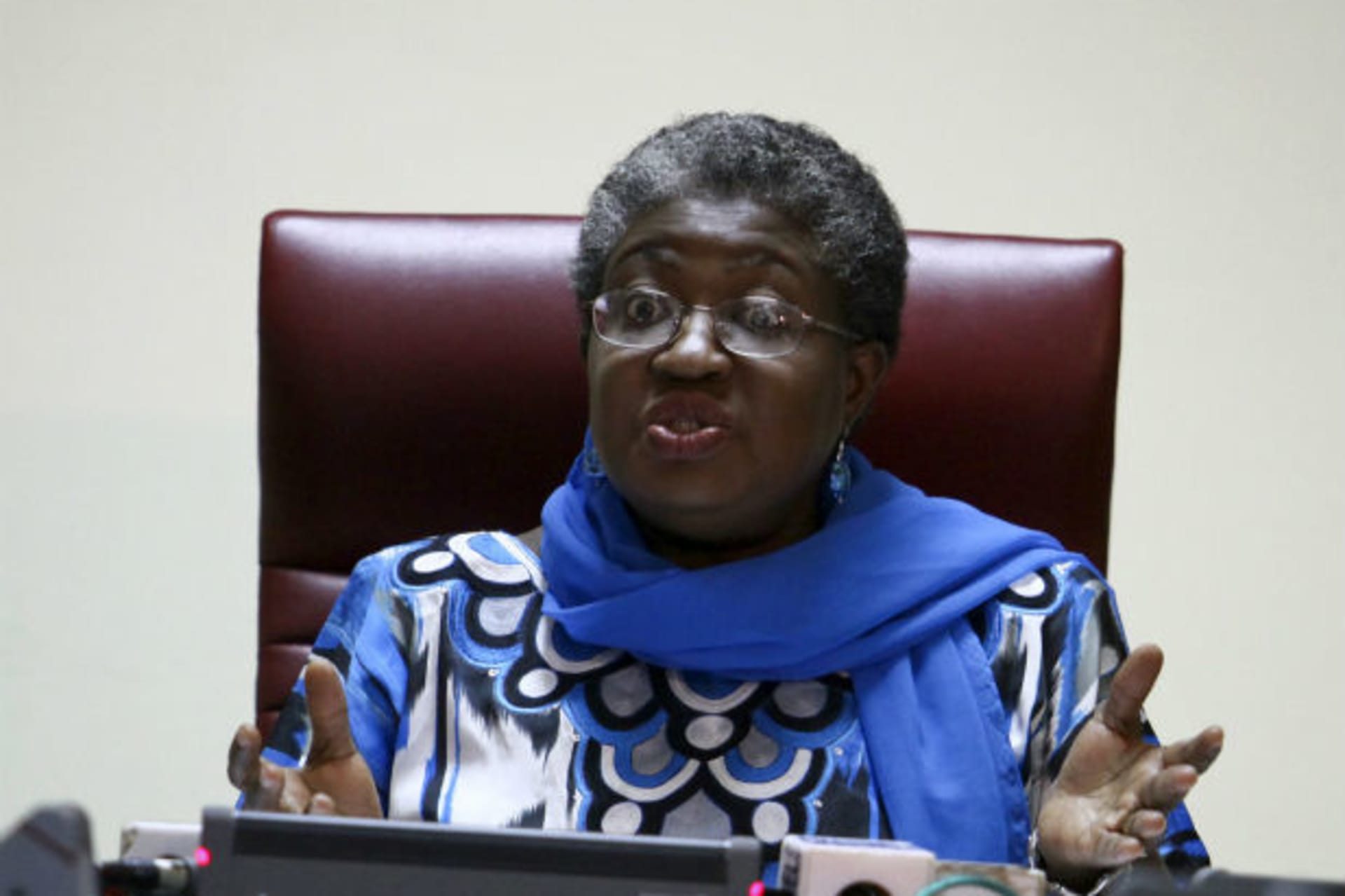 Nigeria's Finance Minister Ngozi Okonjo-Iweala speaks during a news conference in the capital Abuja 12/09/2011.