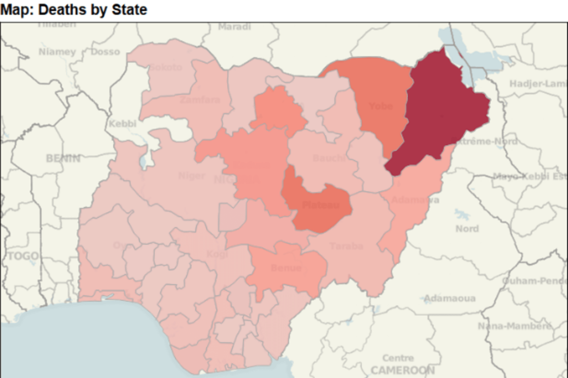 The map depicts deaths by state. Nigeria’s northeastern states, particularly Borno and Yobe, have been hit the hardest. Source: Nigeria Security Tracker, powered by Tableau.