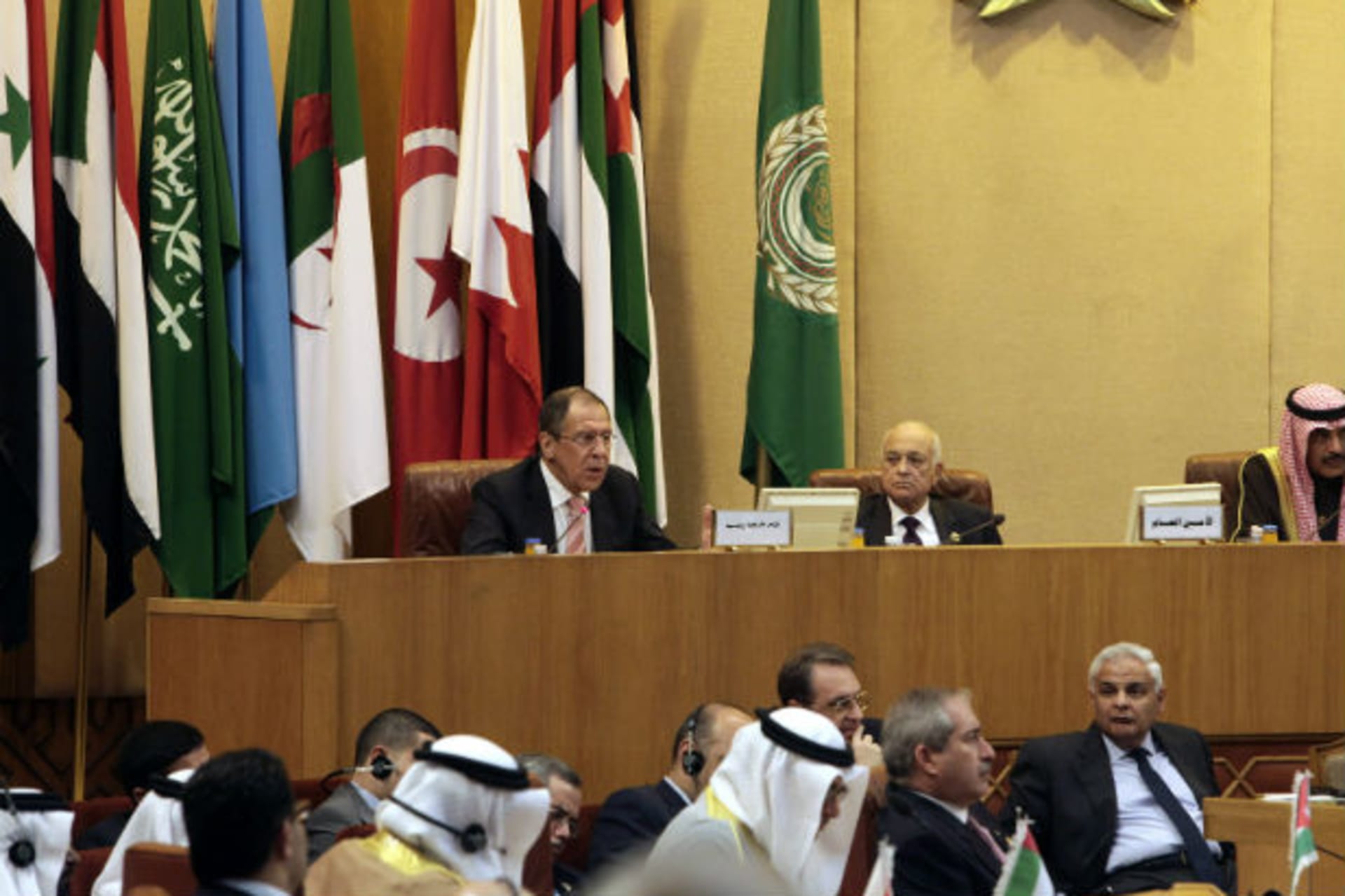 Russia's foreign minister Sergei Lavrov talks during the Arab League foreign ministers meeting, next to Arab League chief Nabil al-Arabi, at the organization's headquarters in Cairo, on March 10, 2012 (Asmaa Waguih/Courtesy Reuters).