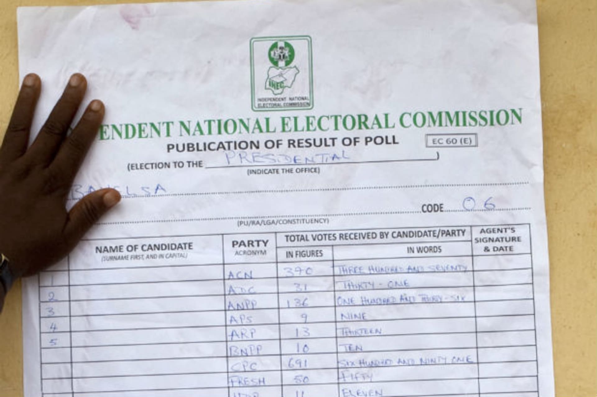 An electoral official pastes local results of presidential elections on the wall of the Yenagoa electoral commission in Bayelsa, April 17, 2011.