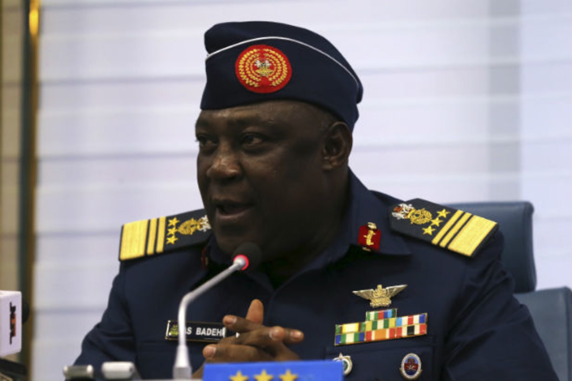 New Chief of Defence Staff, Air Marshal Alex Badeh, speaks during a handing over ceremony in Abuja January 20, 2014.