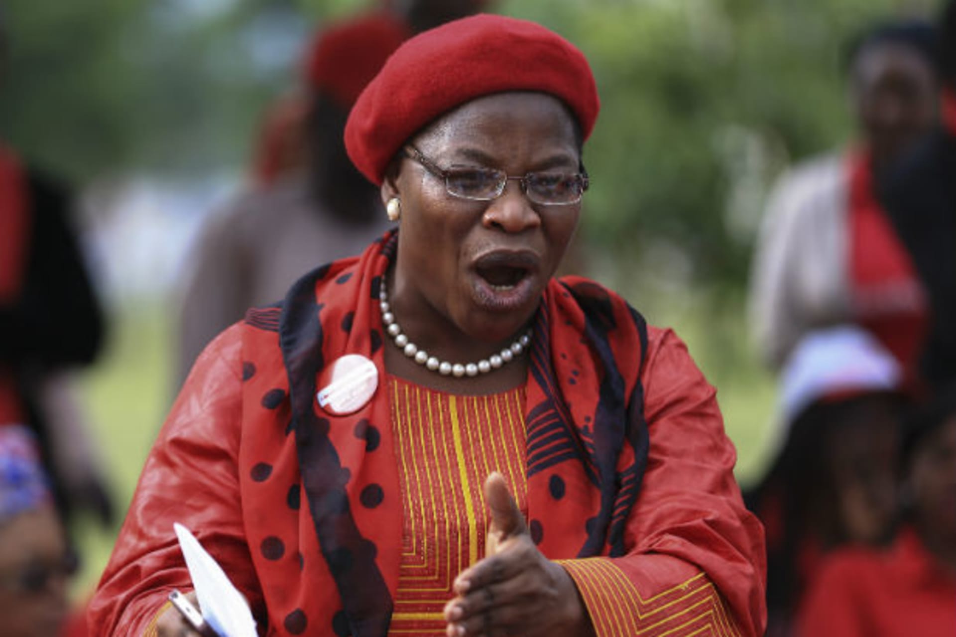Dr. Obiageli Ezekwesili, former minister of education and a "Bring Back Our Girls" campaigner, addresses supporters at the Unity Fountain, on the 100th day of the abductions of more than two hundred school girls by Boko Haram, in Abuja, July 23