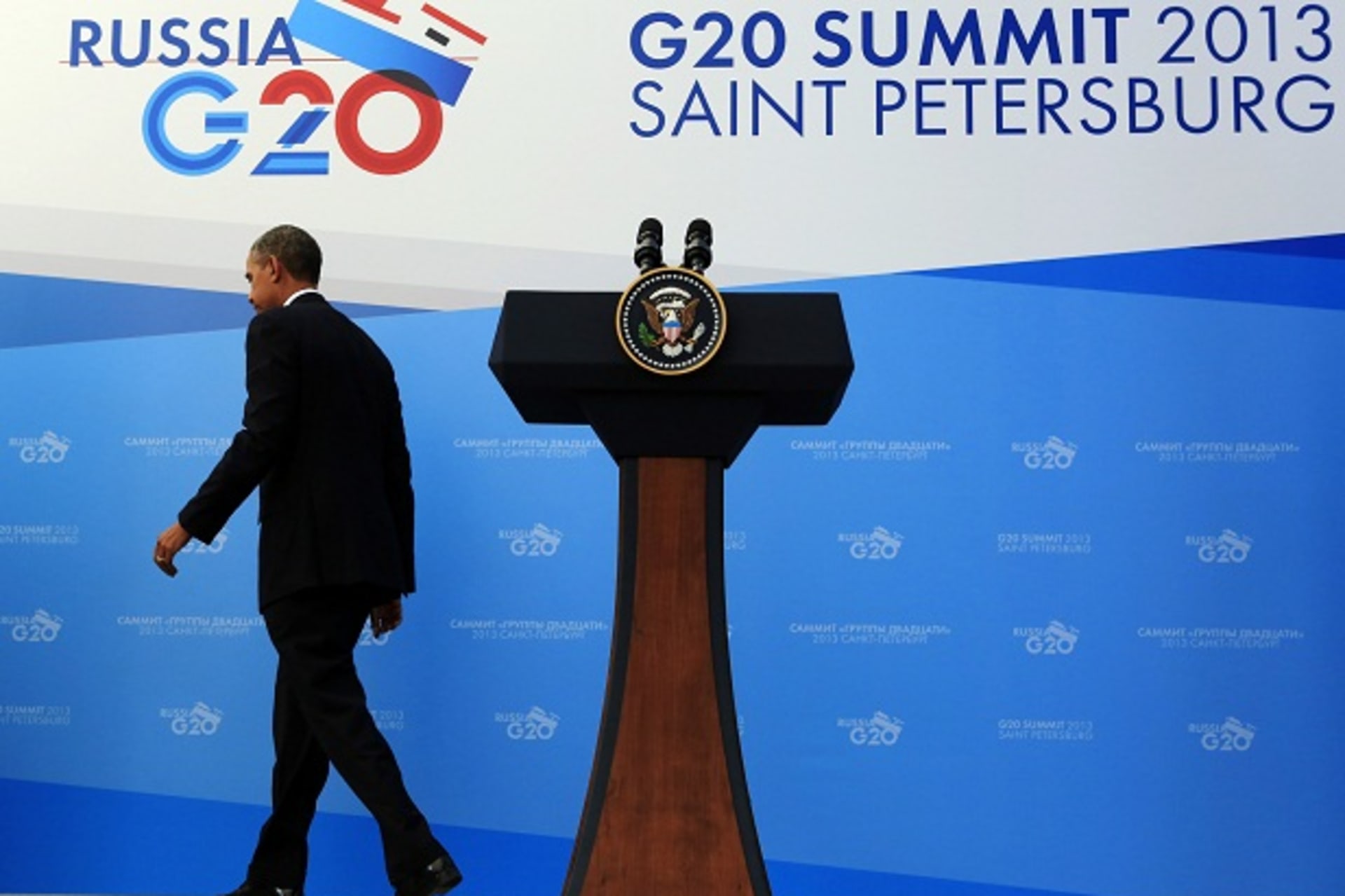 U.S. President Obama departs a news conference at the G20 Summit in St. Petersburg