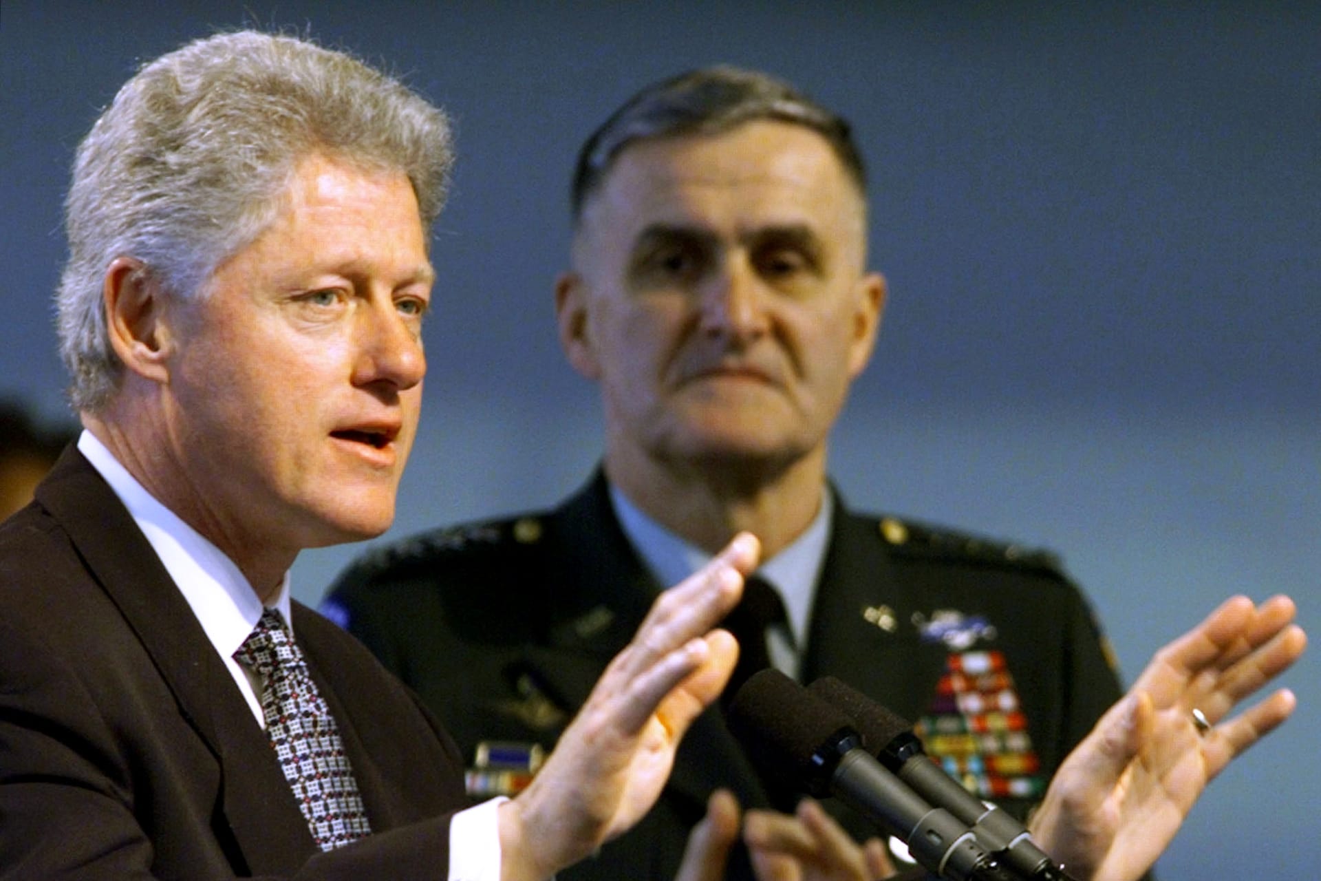 <p>Then President Bill Clinton beside Gen. Hugh Shelton, then chairman of the Joint Chiefs of Staff, explaining the U.S. and NATO mission in Kosovo on April 1, 1999. Win McNamee/Reuters</p>