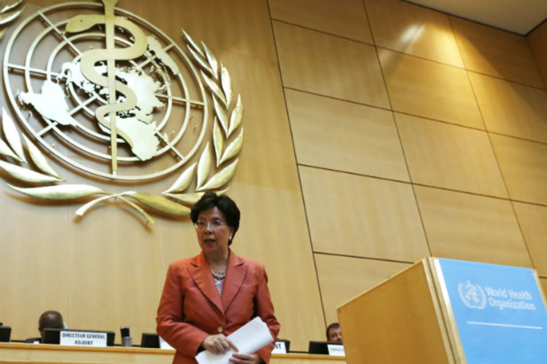 <p>World Health Organization (WHO) Director-General Margaret Chan leaves the podium after her speech at the sixty-ninth World Health Assembly in Geneva, Switzerland, on May 23, 2016.</p>
