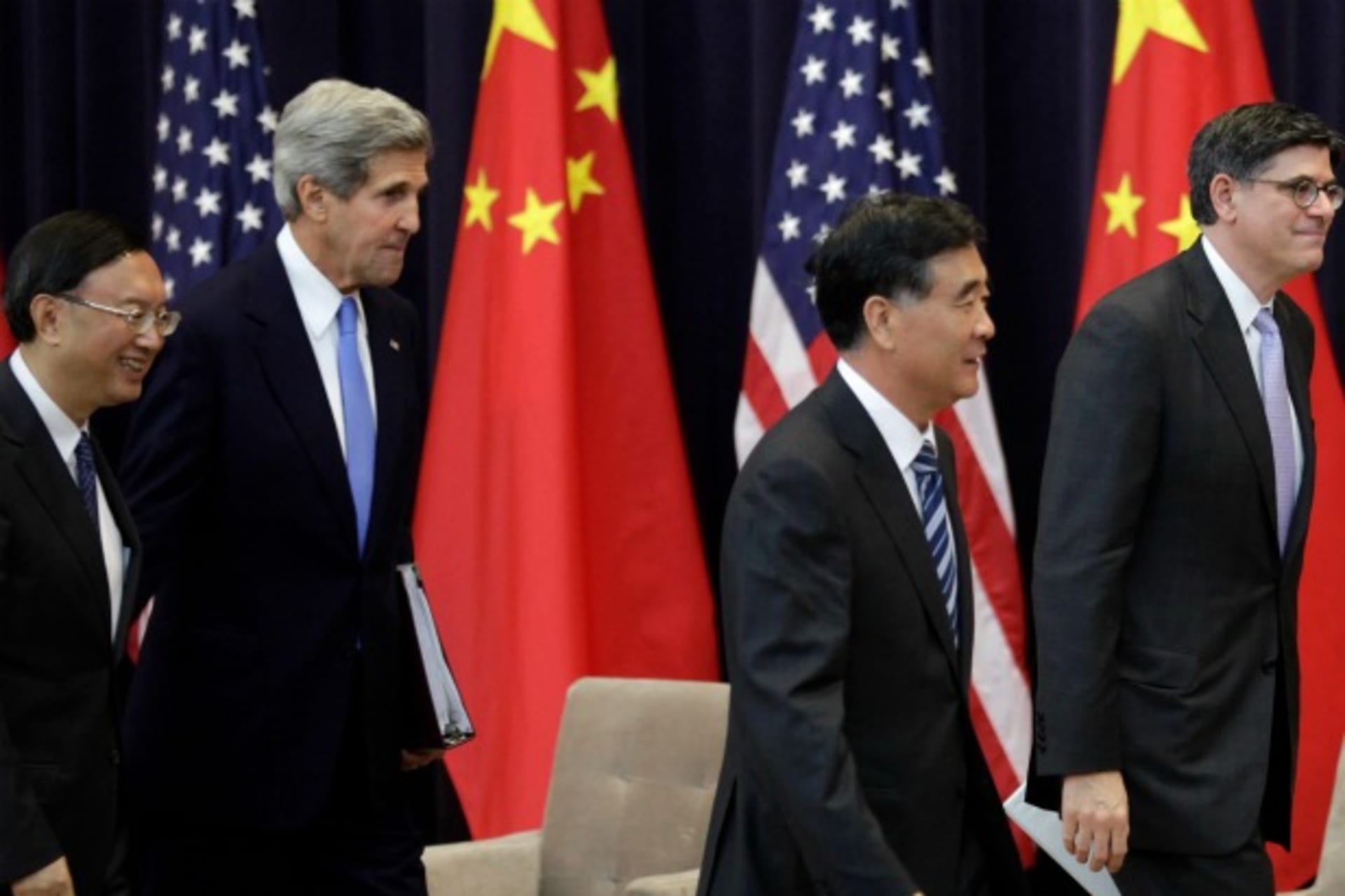 <p>(L-R) Chinese State Councilor Yang Jiechi, U.S. Secretary of State John Kerry, Chinese Vice Premier Wang Yang and U.S. Treasur…c Dialogue (S&ED) Joint Opening Session at the State Department in Washington on July 10, 2013. (Courtesy Yuri Gripas/Reuters)</p>