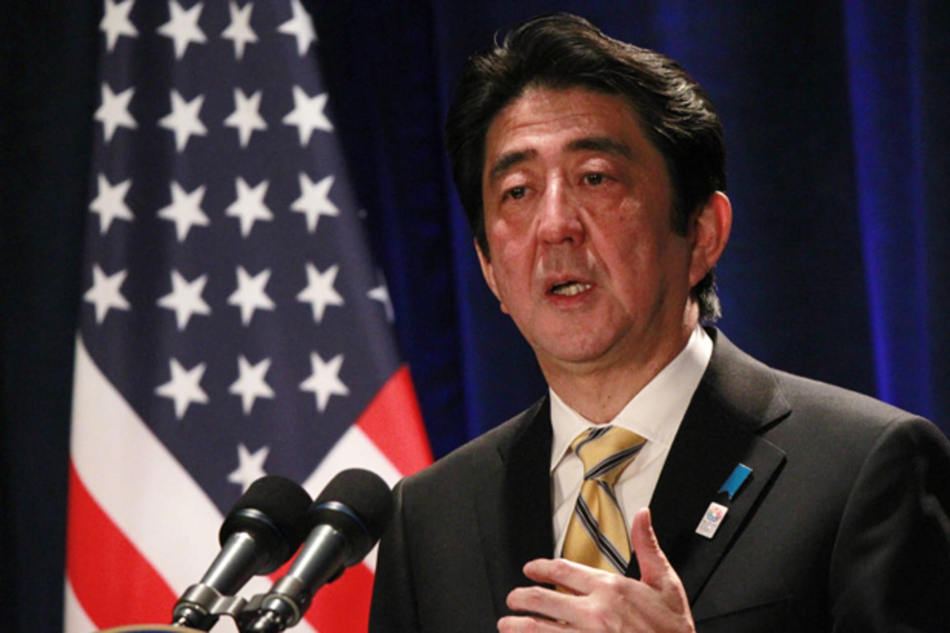 <p>Japan’s Prime Minister Shinzo Abe participates in a media conference at a Washington hotel, February 22, 2013</p>
