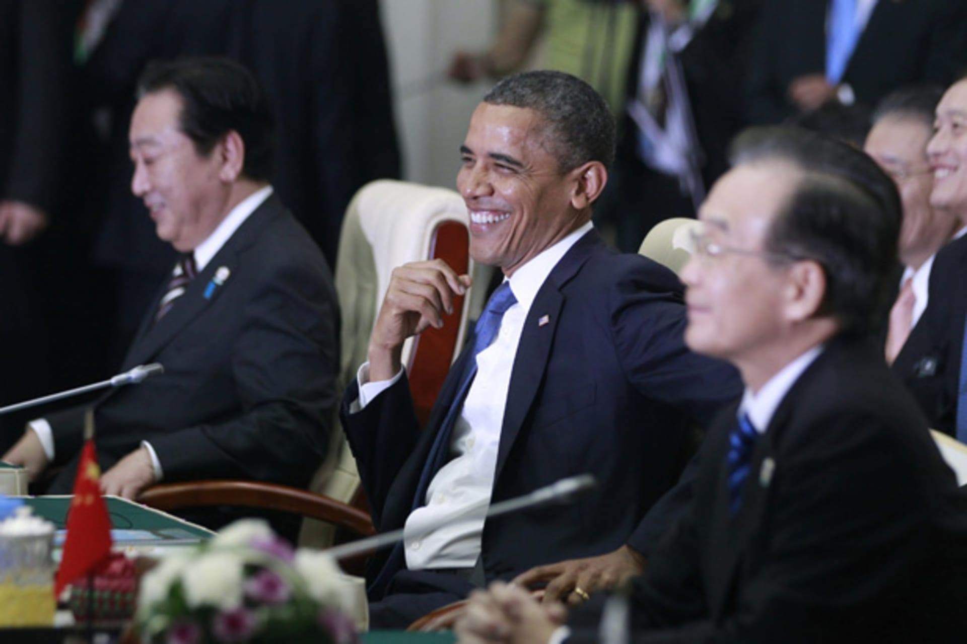 <p>U.S. President Barack Obama attends the East Asia Summit plenary session in Phnom Penh alongside then Japanese prime minister Yoshihiko Noda and Chinese premier Wen Jiabao</p>
