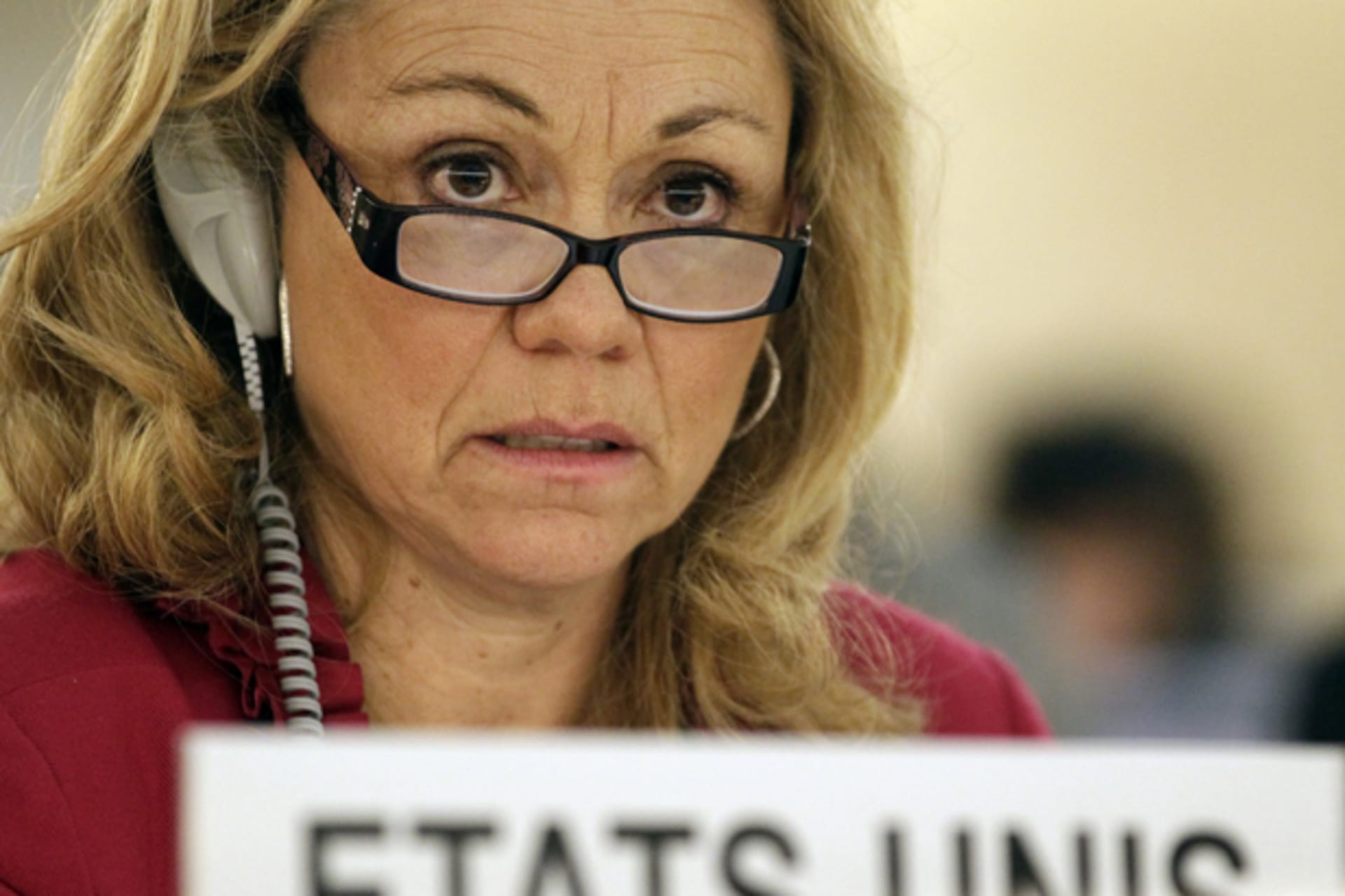 US Ambassador Donahoe listens to a speech during the Human Rights Council special session on the situation in Syria in Geneva