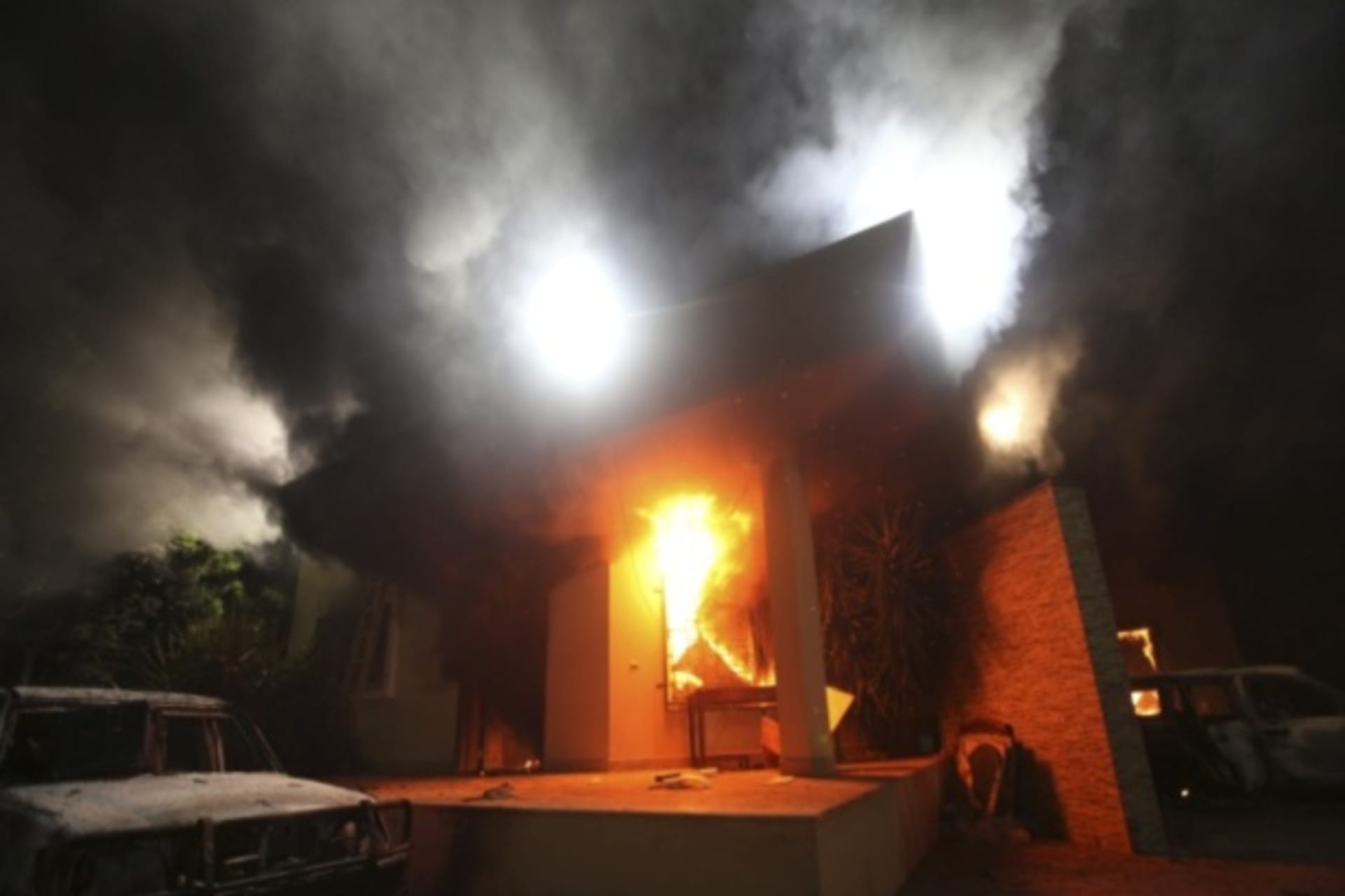 <p>The U.S. Consulate in Benghazi, Libya, is seen in flames during a protest on September 11, 2012 (Esam Al-Fetori/Courtesy Reuters).</p>
