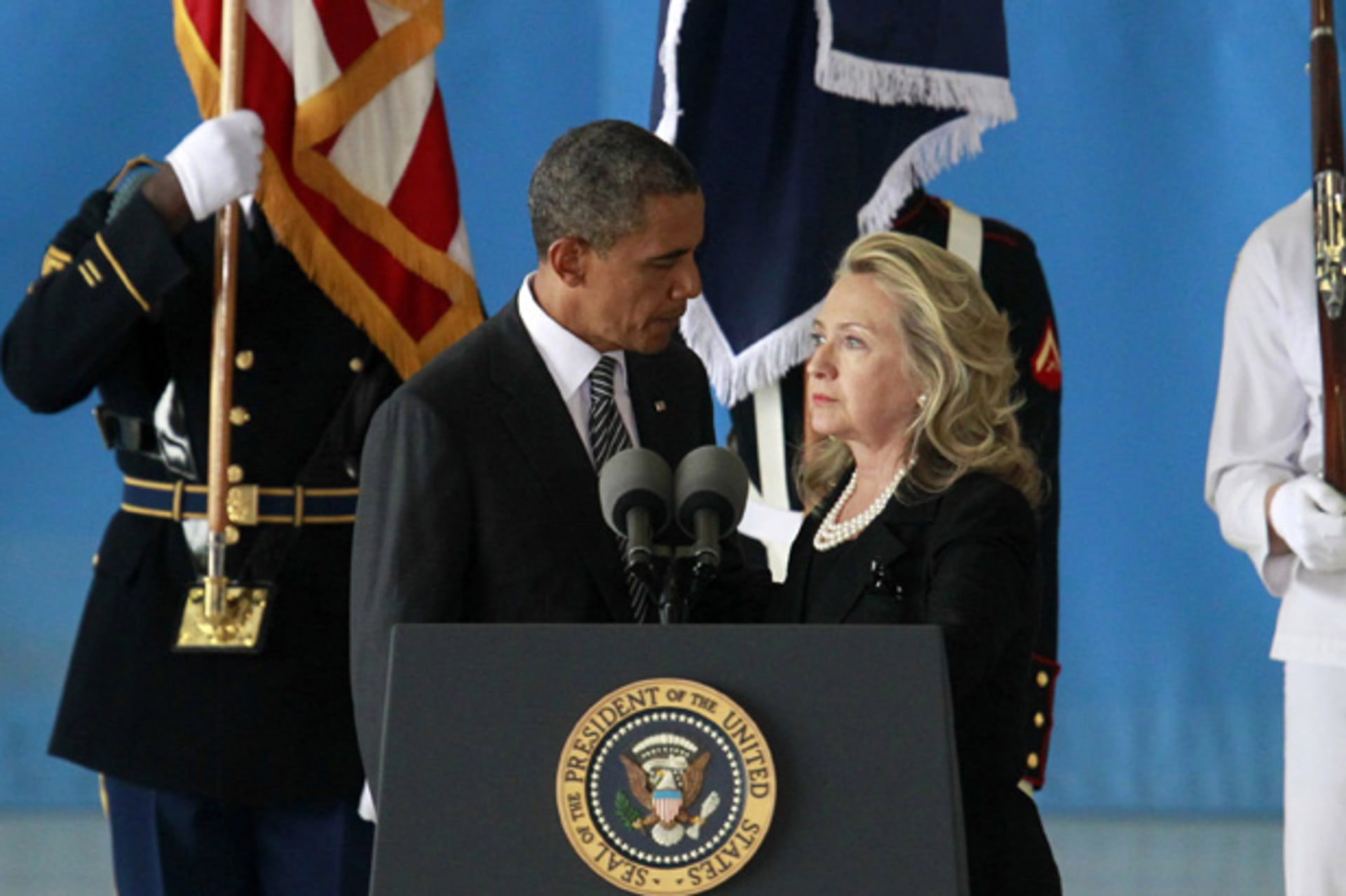 <p>President Obama and Secretary of State Clinton deliver remarks during a transfer ceremony of the remains of U.S. ambassador to Libya Chris Stevens and three other Americans killed this week in Benghazi. (Jason Reed/ courtesy Reuters)</p>

