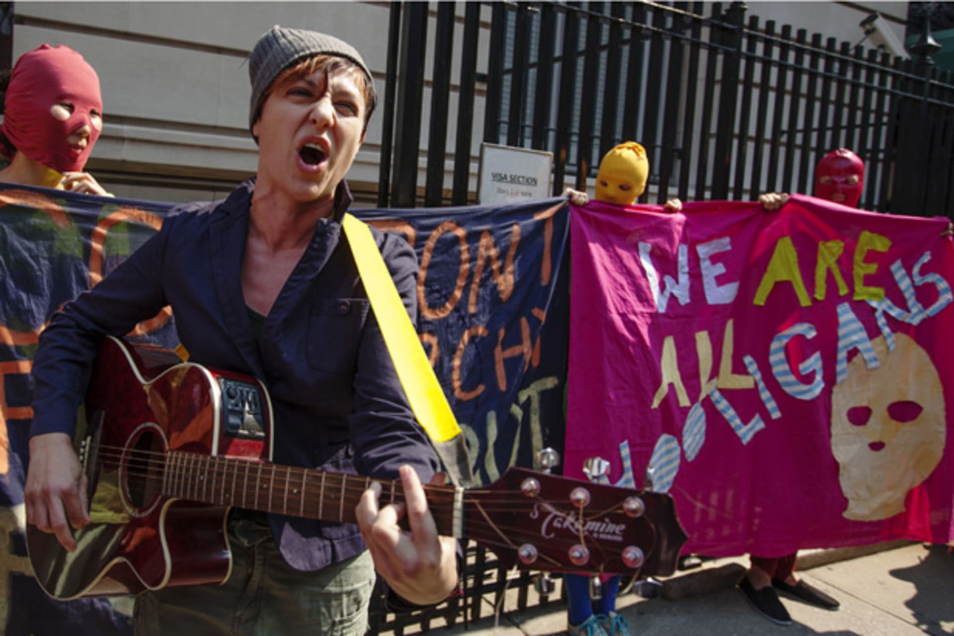 <p>Pussy Riot supporters demonstrate in front of the Russian consulate in New York. (Lucas Jackson/courtesy Reuters)</p>

