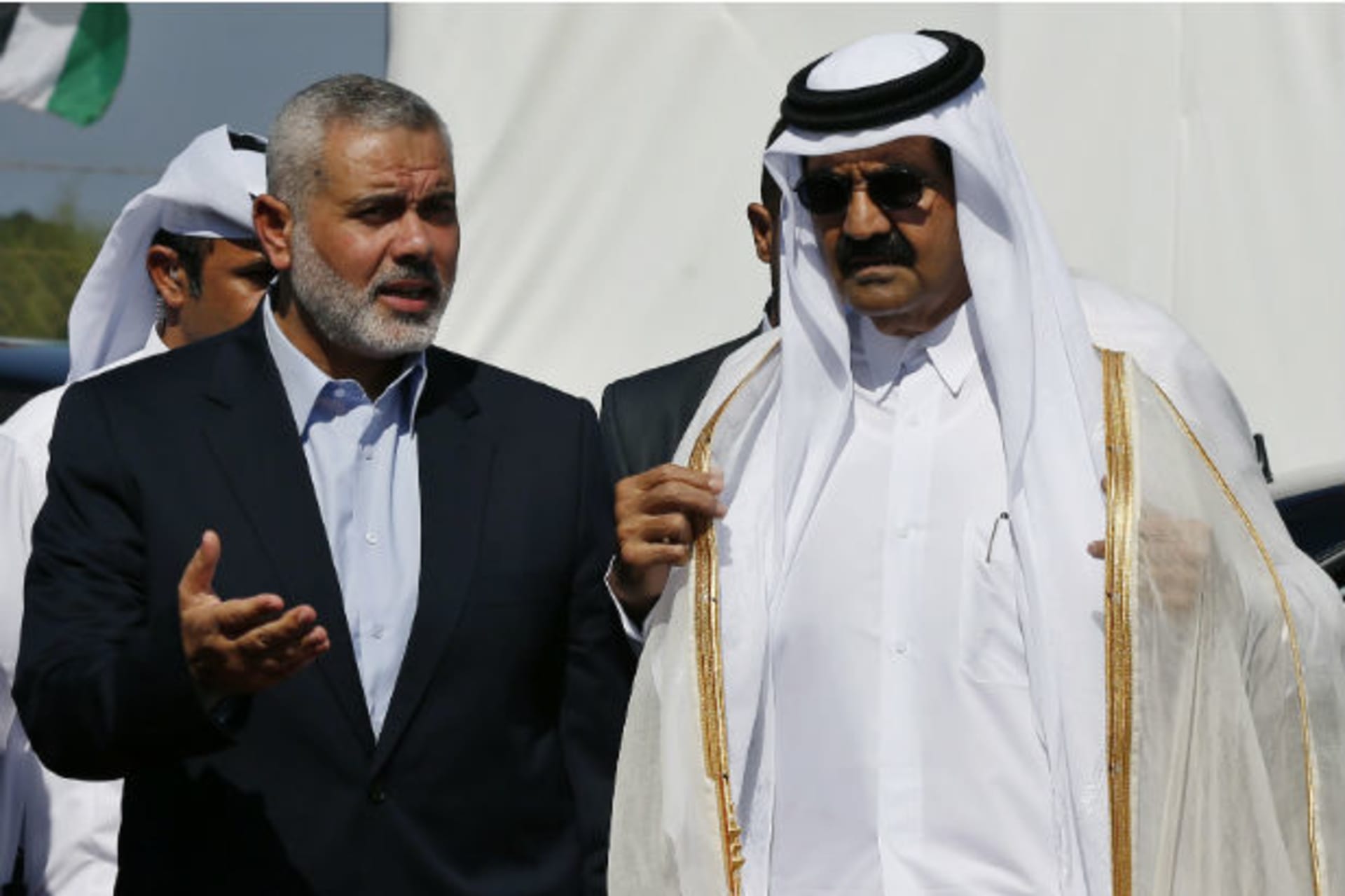 Hamas Prime Minister Haniyeh and the Emir of Qatar arrive at a cornerstone laying ceremony in Khan Younis (Mohammed Salem/Courtesy Reuters)