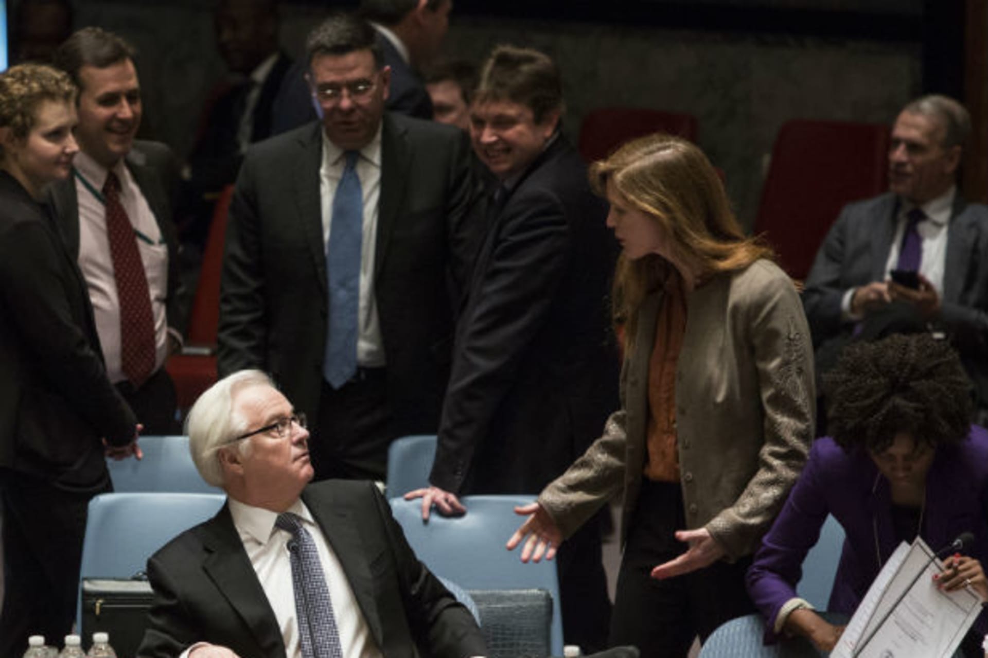 <p>U.S. Ambassador to the United Nations Samantha Power speaks with her Russian counterpart, Vitaly Churkin, before the UN Security Council votes on a resolution—which Russia goes on to veto—regarding the Ukrainian crisis on March 15, 2014.</p>
