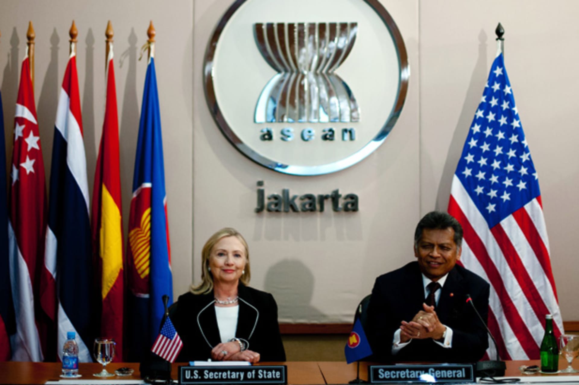 U.S. Secretary of State Clinton speaks with ASEAN Secretary-General Pitsuwan during a meeting at the ASEAN Secretariat in Jakarta