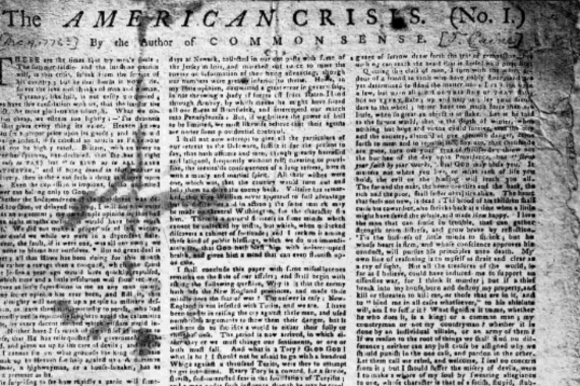 <p>The first page of The American Crisis, No. I. (courtesy of Library of Congress)</p>
