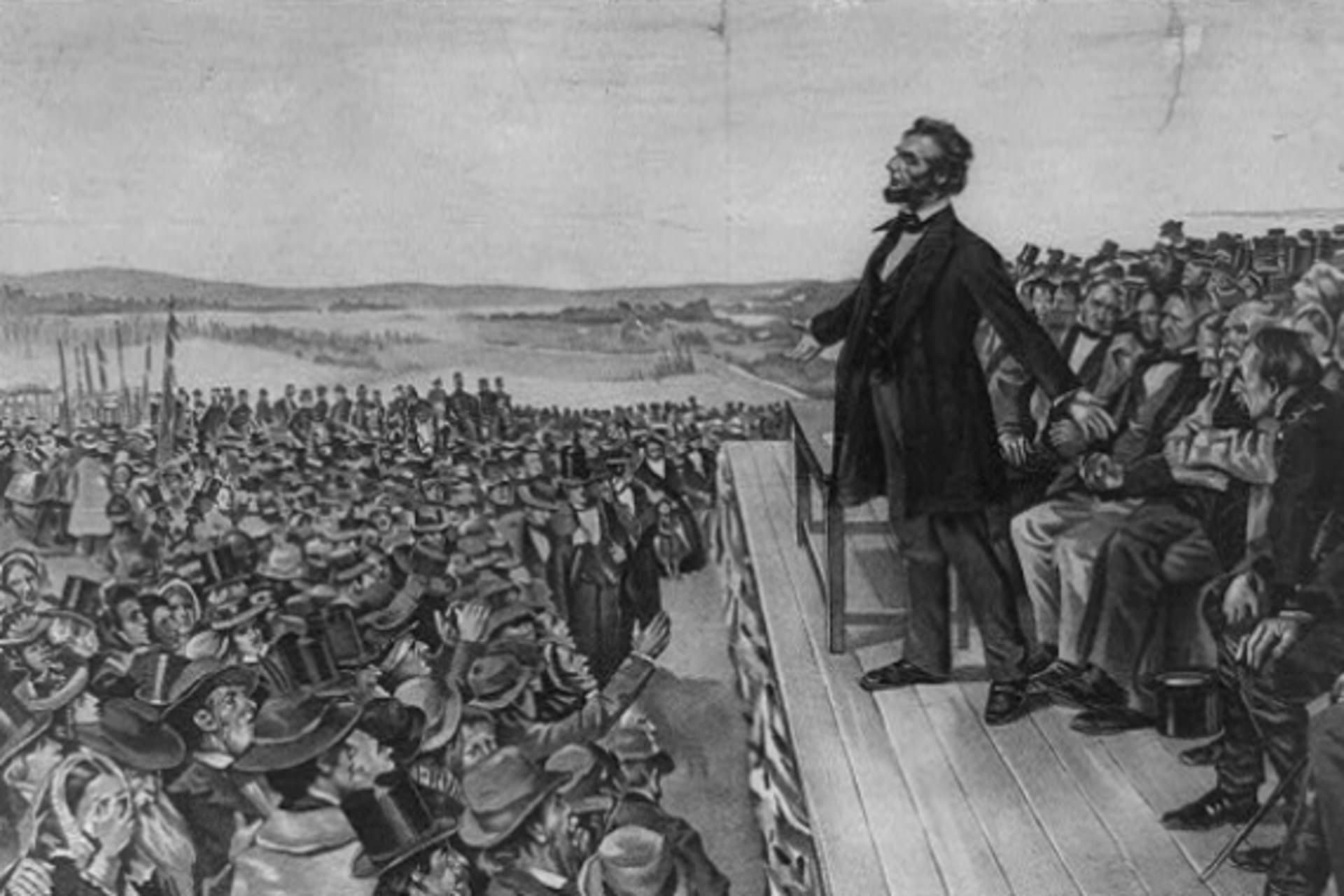 <p>A newspaper reproduction of Lincoln at the Gettysburg Address (courtesy Library of Congress)</p>
