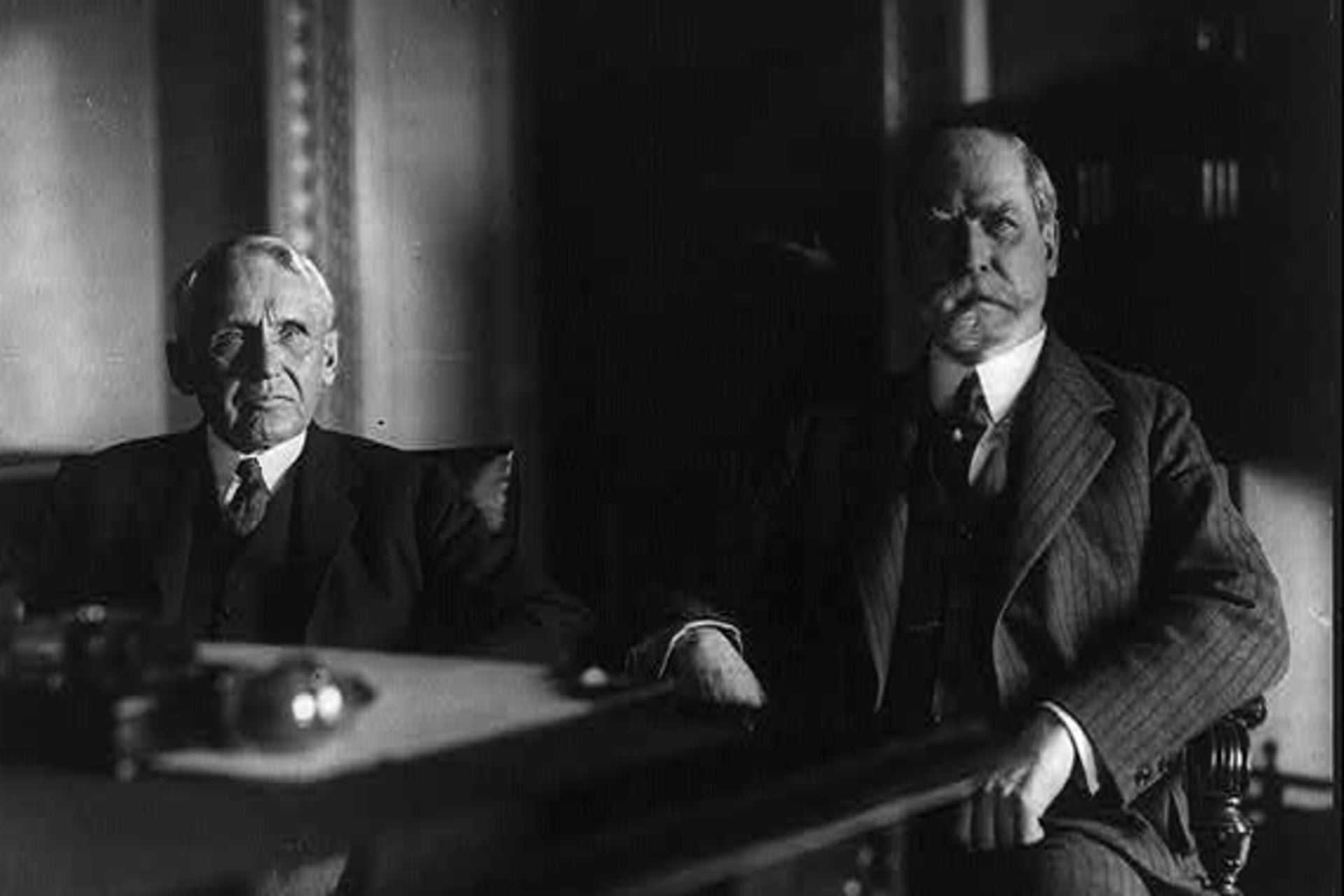 <p>Frank B. Kellogg, Ambassador to England, and Secretary of State Hughes in Mr. Hughes’ office on the day of the announcement of Kellogg’s appointment as Hughes’s successor. (Courtesy the Library of Congress)</p>
