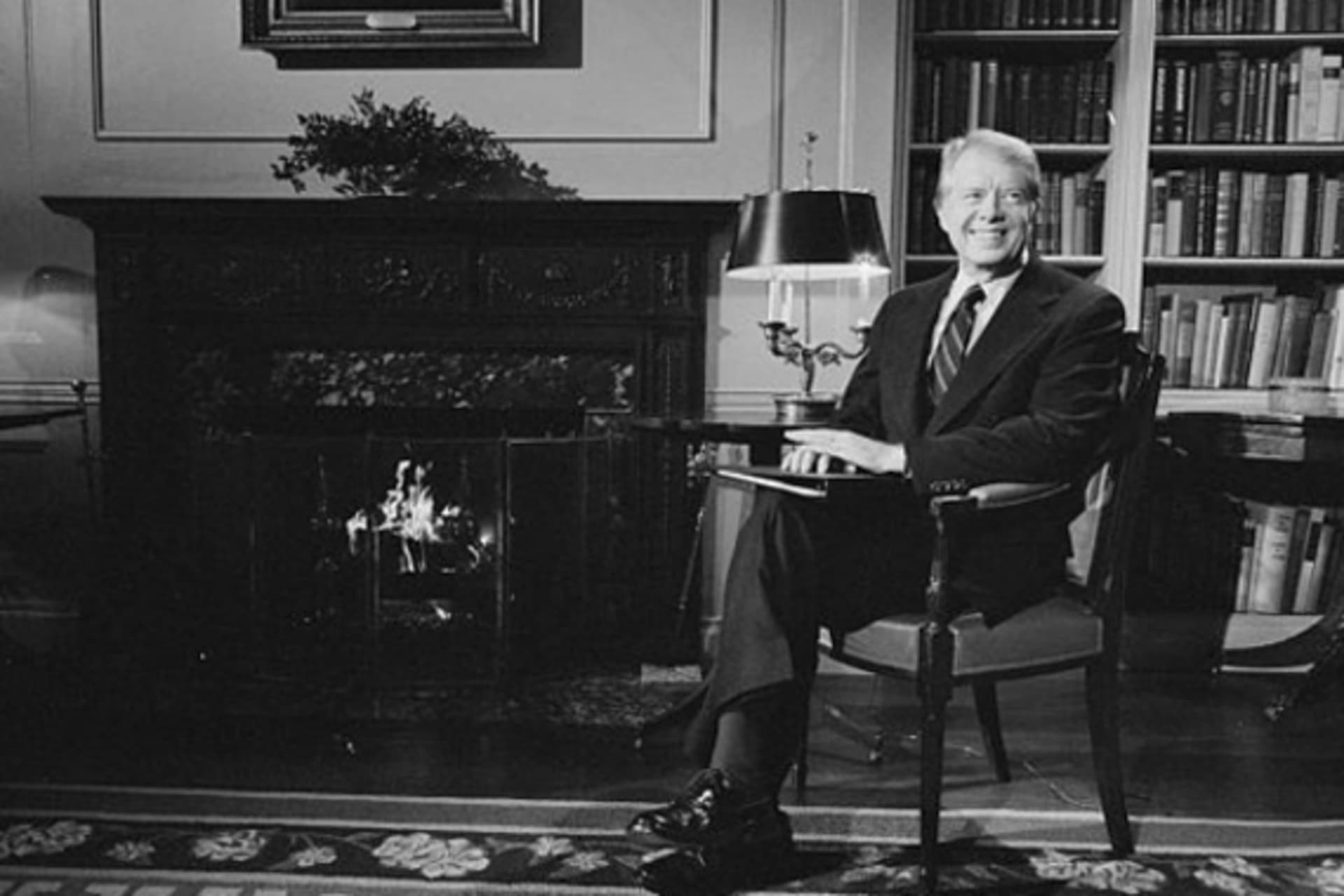 <p>President Jimmy Carter at the White House discussing the Panama Canal Treaty during a nationally televised fireside chat. (Courtesy National Library of Congress)</p>
