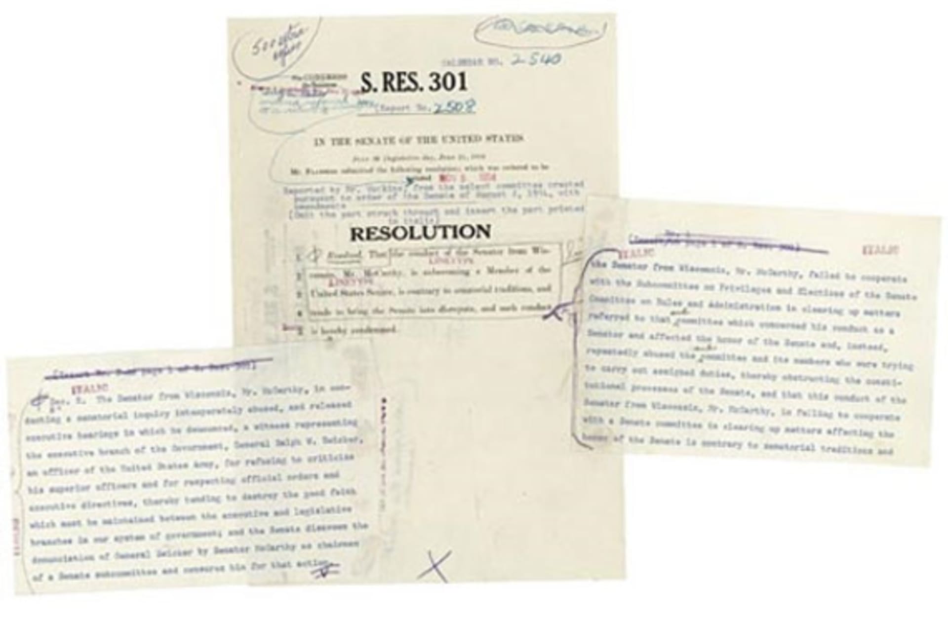 <p>Senate Resolution 301: Censure of Senator Joseph McCarthy. (Courtesy the National Archives)</p>