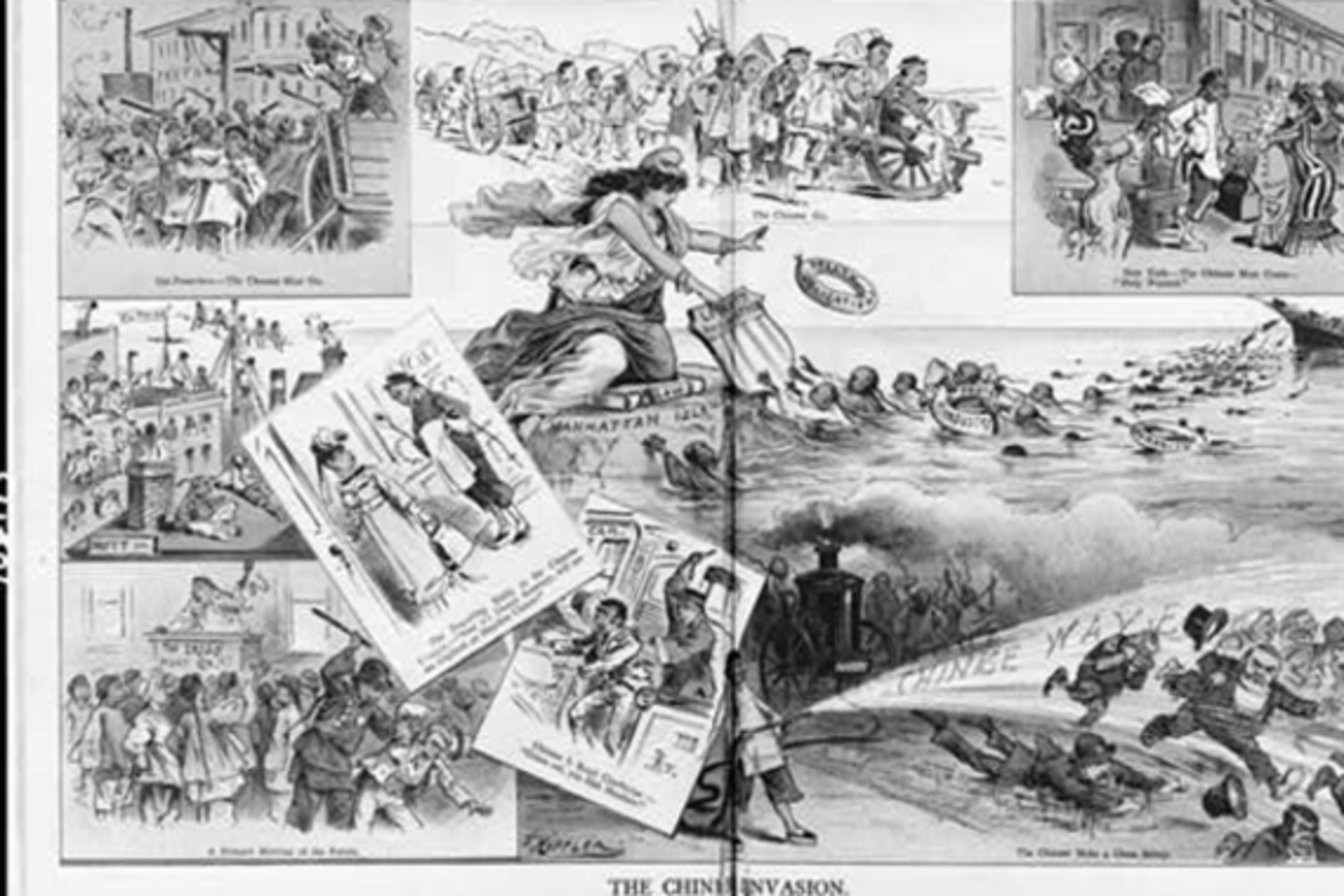 <p>A composite of cartoons from the 1880s warning of the “dangers” that Chinese immigrants posed to the United States. (J. Keppler/courtesy the Library of Congress)</p>
