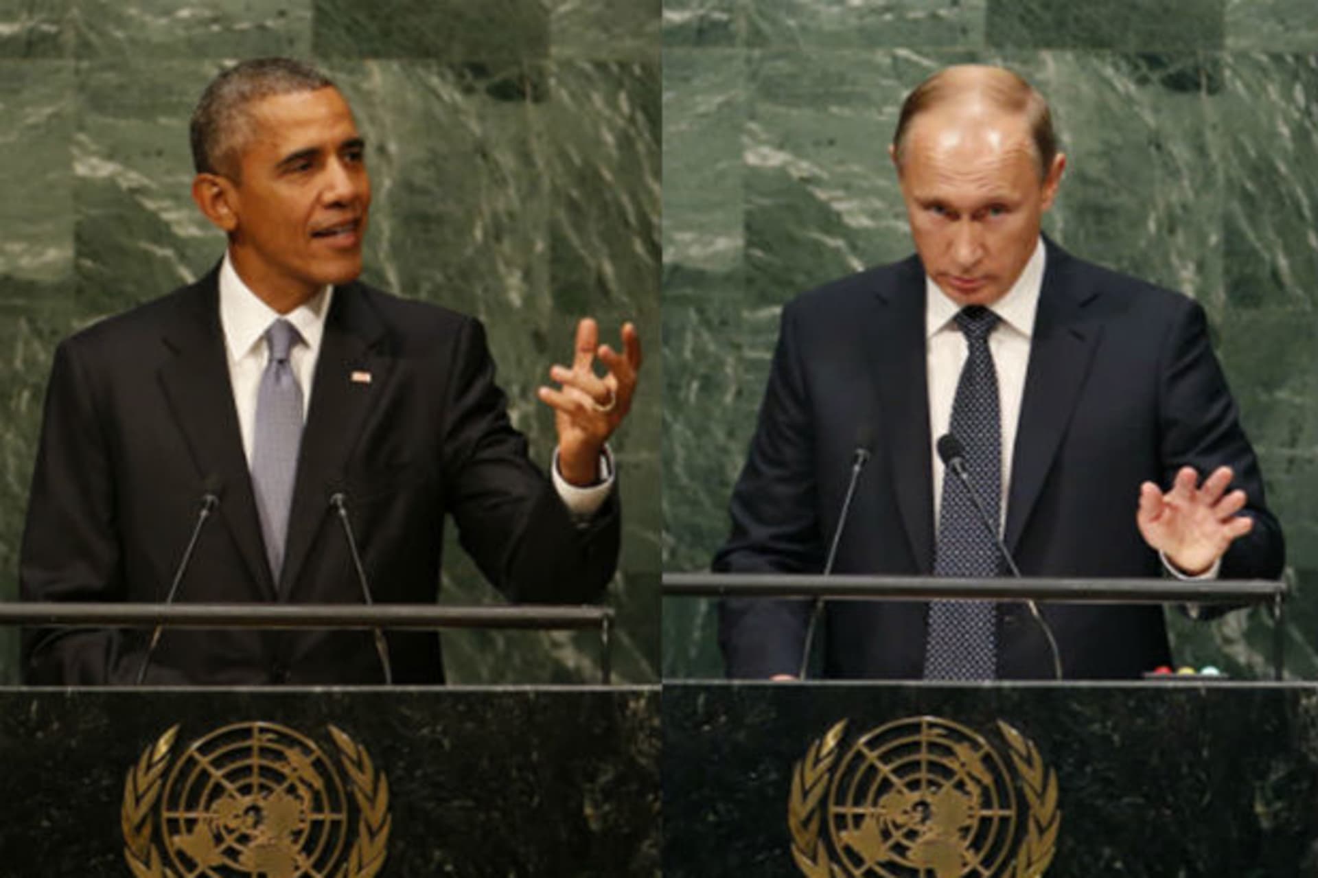 <p>U.S. President Barack Obama and Russian President Vladimir Putin address the United Nations General Assembly on September 28, 2015.</p>
