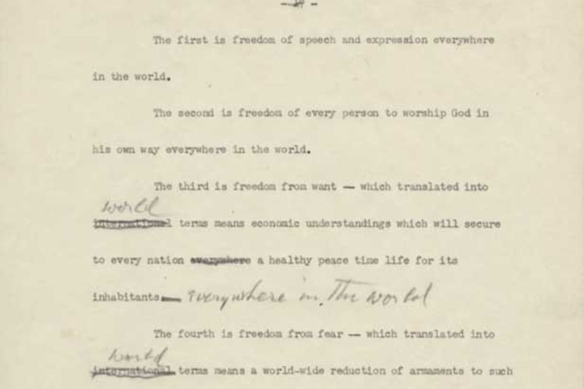 <p>A page from the fifth draft of Franklin D. Roosevelt’s 1941 annual message to Congress. (Franklin D. Roosevelt Papers as President, Master Speech File; Franklin D. Roosevelt Presidential Library and Museum)</p>
