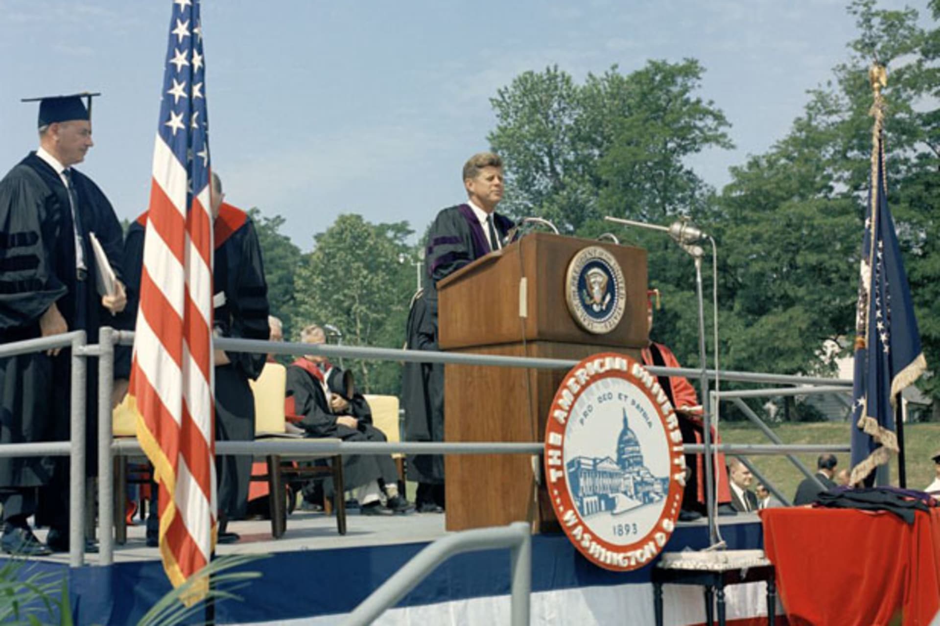 <p>President John F. Kennedy delivers the commencement address at American University on June 10, 1963 (Cecil Stoughton. White House Photographs. John F. Kennedy Presidential Library and Museum, Boston).</p>
