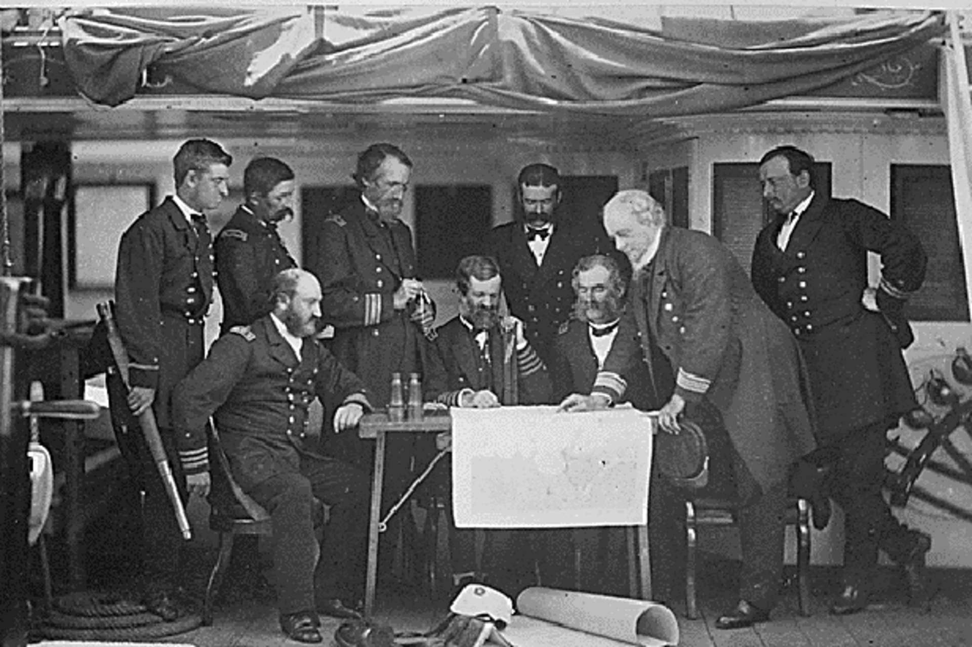 <p>Council of war on board the U.S.S. Colorado in Korea in June 1871 (Courtesy National Archives and Records Administration).</p>
