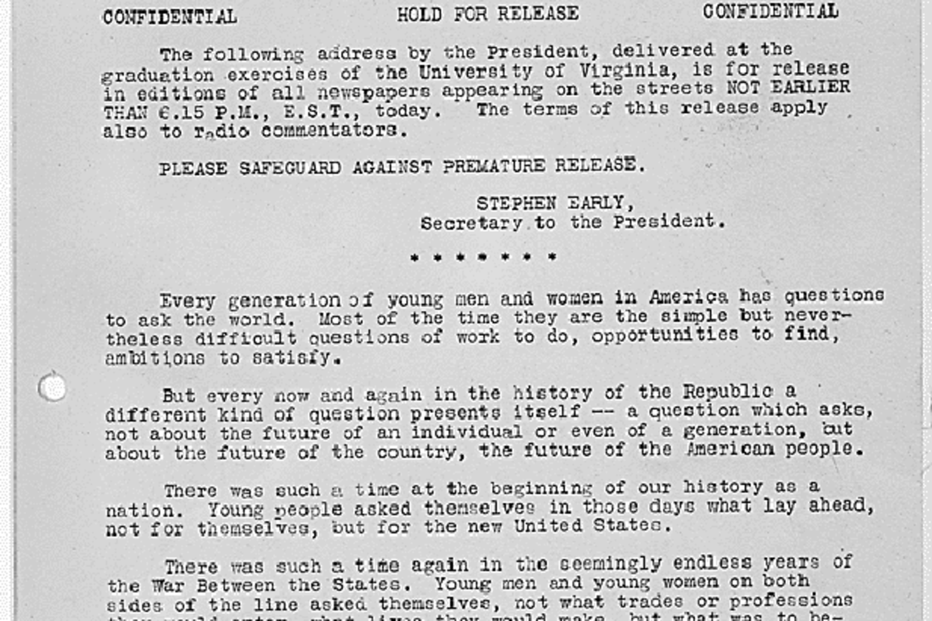 <p>Franklin D. Roosevelt’s commencement address at the University of Virginia on June 10, 1940 as released to the press (Courtesy of the National Archives and Records Administration).</p>
