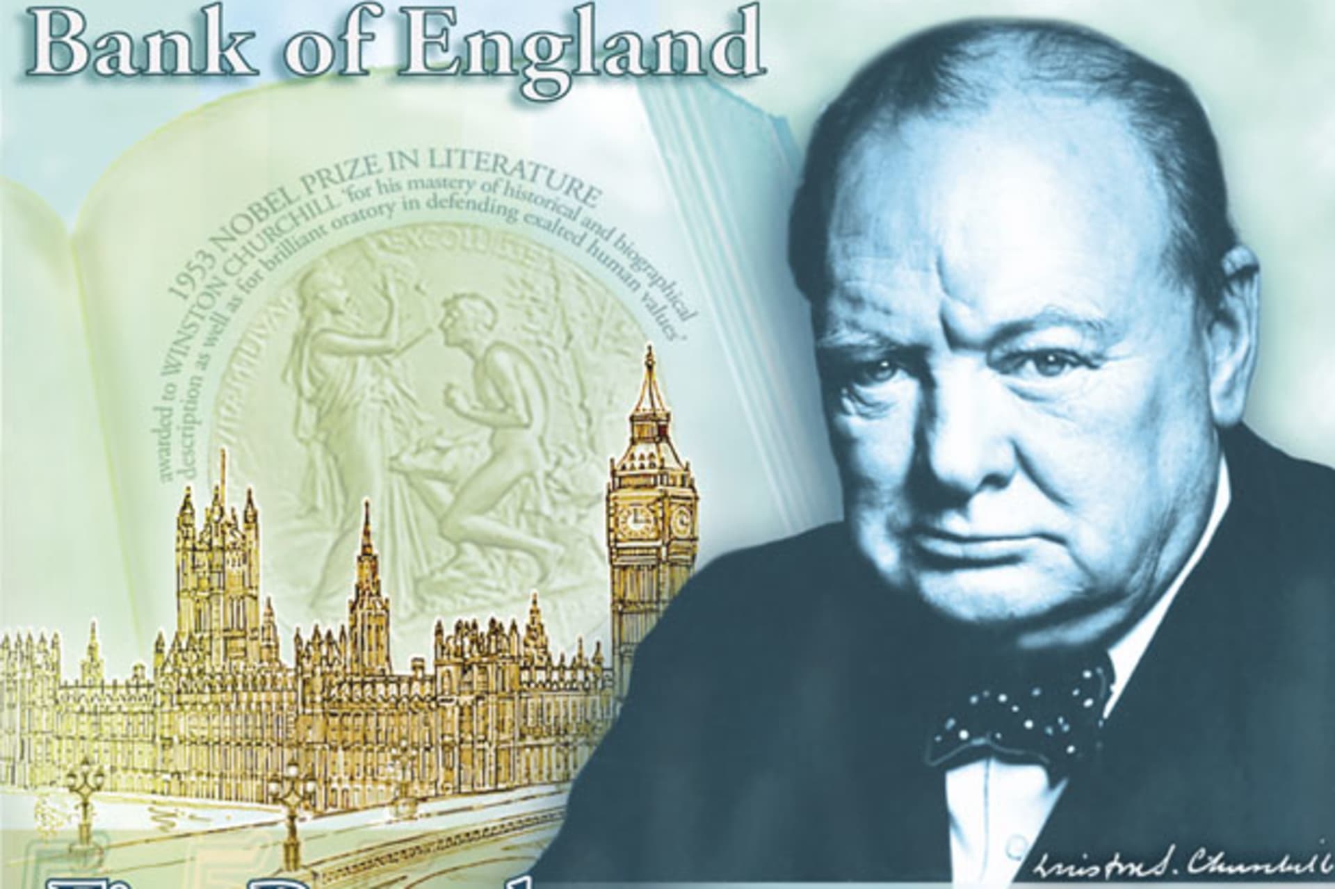 <p>Former British prime minister Winston Churchill is featured on a new banknote alongside his famous declaration “I have nothing to offer but blood, toil, tears and sweat” (Bank of England/Courtesy Reuters).</p>
